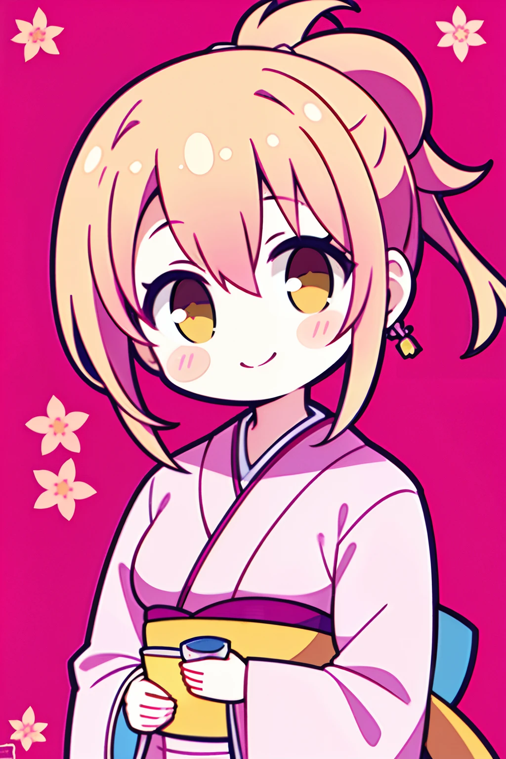 (Perfect picture quality:1.1),(masterpiece:1.1),(high quality:1.1),1 girl, SOLO, (wearing pink sakura gorgeous kimono:1.3), yellow hair, double ponytails on both sides, looking at the camera, smiling and doing a heartbeat, drinking tea, randomly tiled loving gray background,