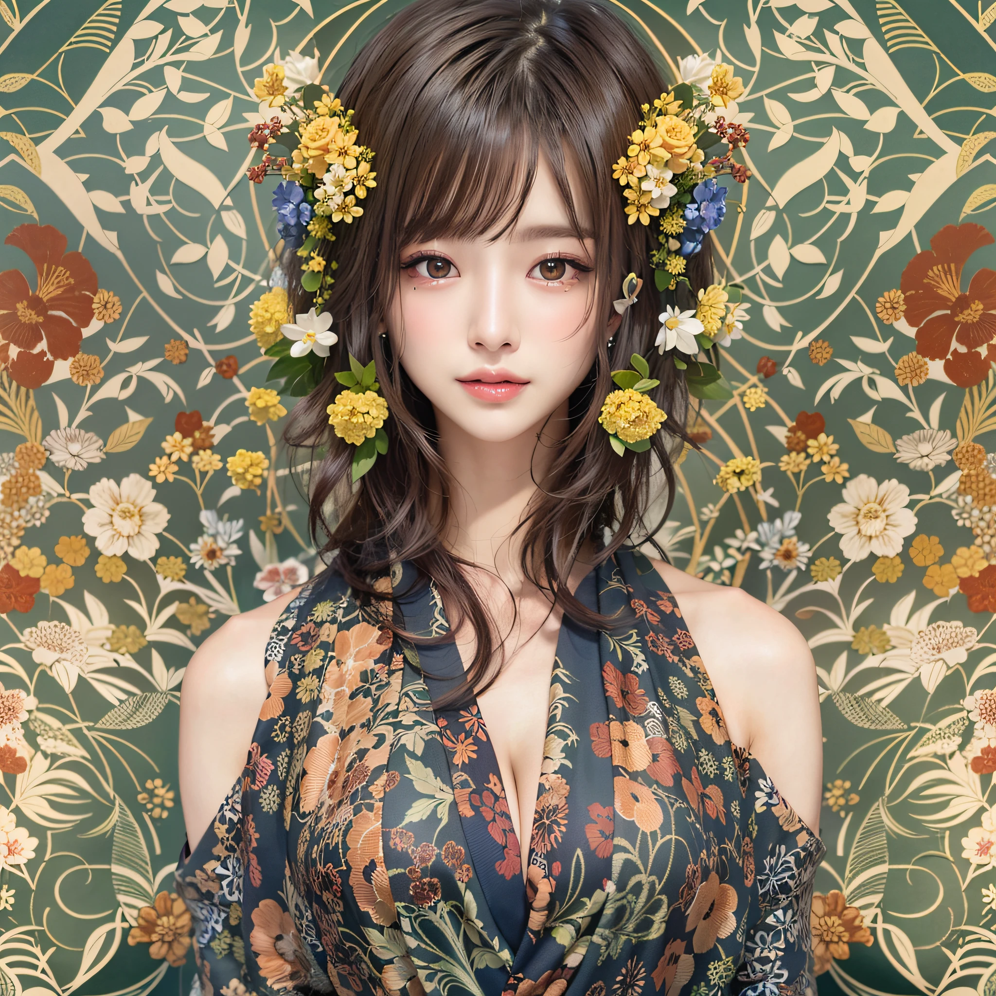 symmetrical, Compositions with coloful geometric arabesque patterns, (Bun hair, dark brown hair), (top-quality, Photorealsitic:1.4, masterpiece:1.3, RAW Photography:1.2, cinematric light, very detailed illustration), (1woman:1.3, solo), (asian girl, ultra delicate face, ultra Beautiful fece, ultra delicate eyes, ultra detailed nouse, ultra detailed mouth, ultra detailed facial features), petite woman, (School uniform:1.3),  (midium breast:1.3), from the front side, skiny, lipgloss, a smile