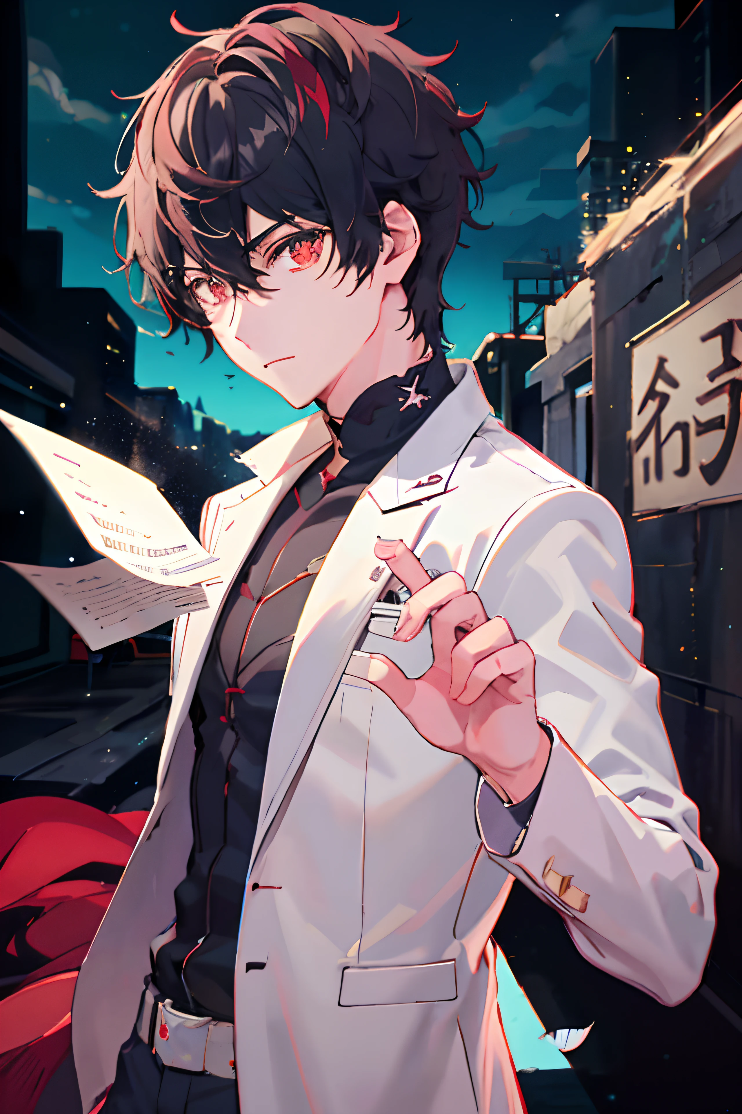 Masterpiece, Best Quality, 1boy, 独奏, male focus, Dshocker, black hair, Short hair, red-eyes, high collar, white coat, green shirt, long sleeves, pants, Ancient ruins, night time, Detailed background