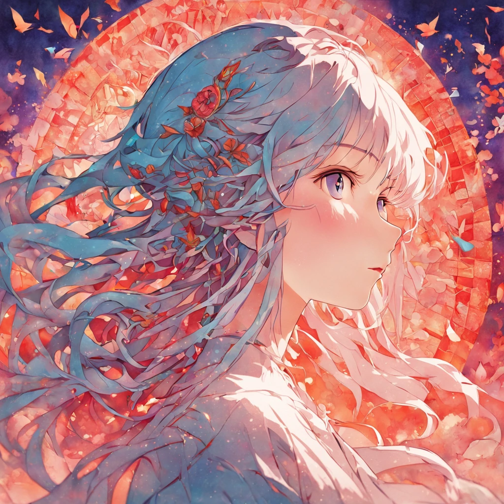 (White background:1.4),(Silhouette of a girl's head, Eyes closed, colorfull long hair, Oriental elements),(Chinese illustration:1.3,paper art:1.3, Quilted paper art:1.2),( reasonable design, Clear lines, High sharpness,Best quality, Very detailed, Masterpiece, movie light effect, 4K )