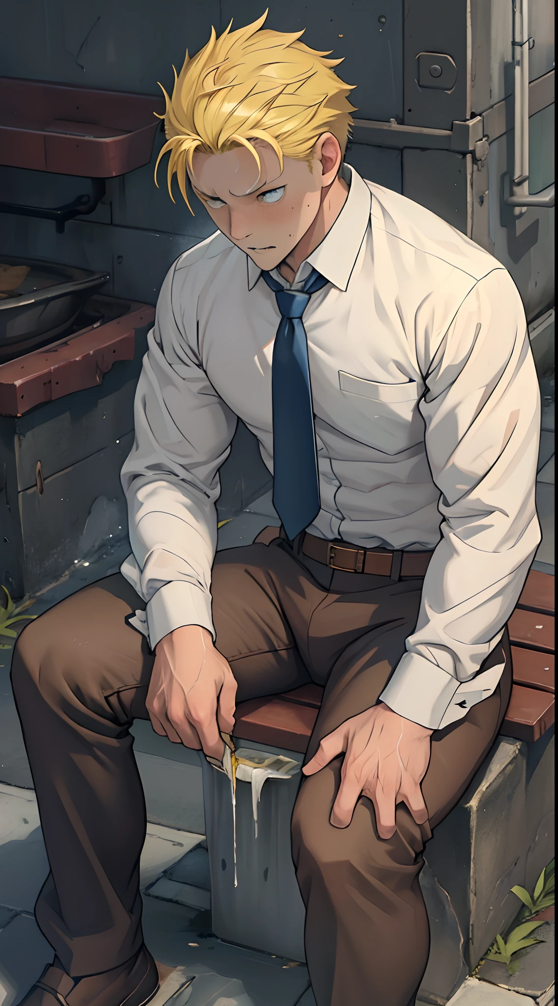(1 Adult male),A high resolution, Sharp focus, Pixiv masterpiece, ((Complicated details)), highly detailed, natsuki_subaru, 1 man,perfect male figure,Urine on the trouser leg, Nervously bow your head,is shy,embarressed,exhilarated,is shocked,panicking,worry,A pool of urine formed around him,Very eager to pee,Unbearable,Wet yourself,Urine discharge,full bodyesbian,sit astride,Tired,decadent, blue color eyes(eyes glowing), Short yellow hair,Yellow long-sleeved shirt,Wear a tie,Wear a belt,trousers,perspire,Drenched,Get wet,pissing,urine flows down the pants,look from down