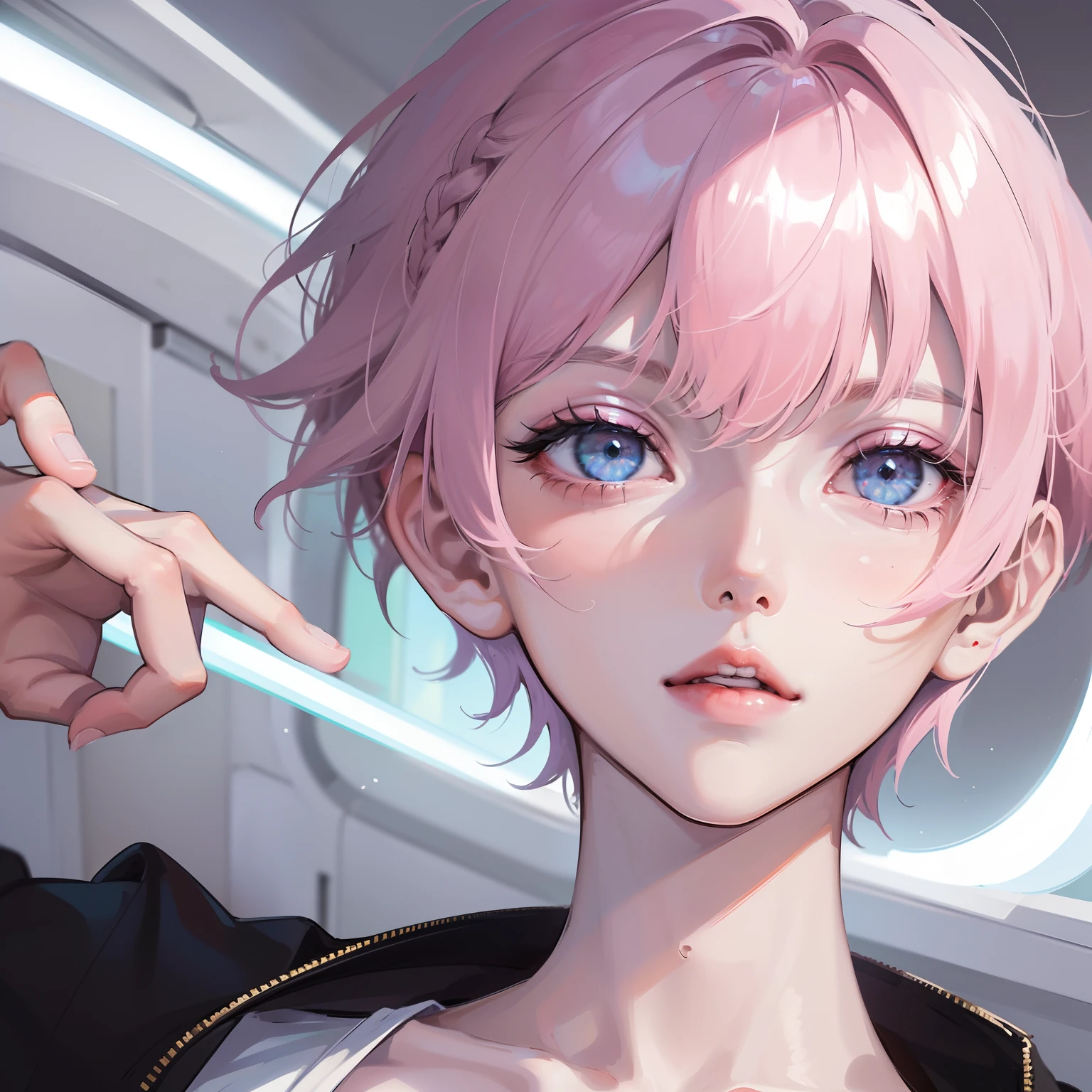 (masterpiece), best quality, expressive eyes, perfect face, (one boy), androgynous boy, hair very short, pixie cut, (asymmetrical bangs), pink light hair, eyes Big, (eyes Grey), blue sweatshirt