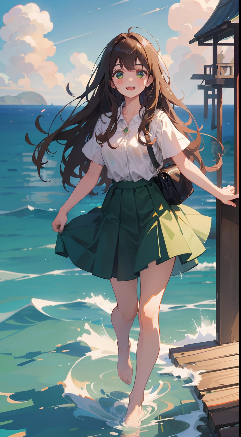 (masterpiece), (best quality), ultra high res, sharp focus, ((1 woman, solo)), full body, dutch shot, beautiful detailed hair, chestnut brown hair, long hair tumbles down, beautiful detailed face, ((beautiful shape eyes, green eyes)), perfect feminine face, in the ocean theme park, smiles at the viewer, facing to the viewer, feminine casual outfit