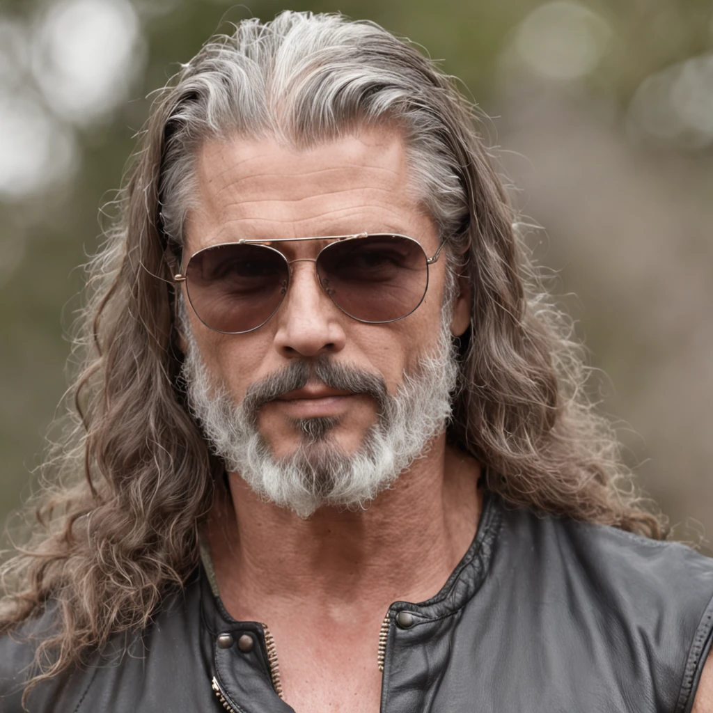 loirão, motoqueiro, ele tem 30 anos, barbudo, cabelos compridos, kevin nash, sunglasses, luvas pretas, zeus robusto, tatuado, biceps gigante, biker, brock hurn