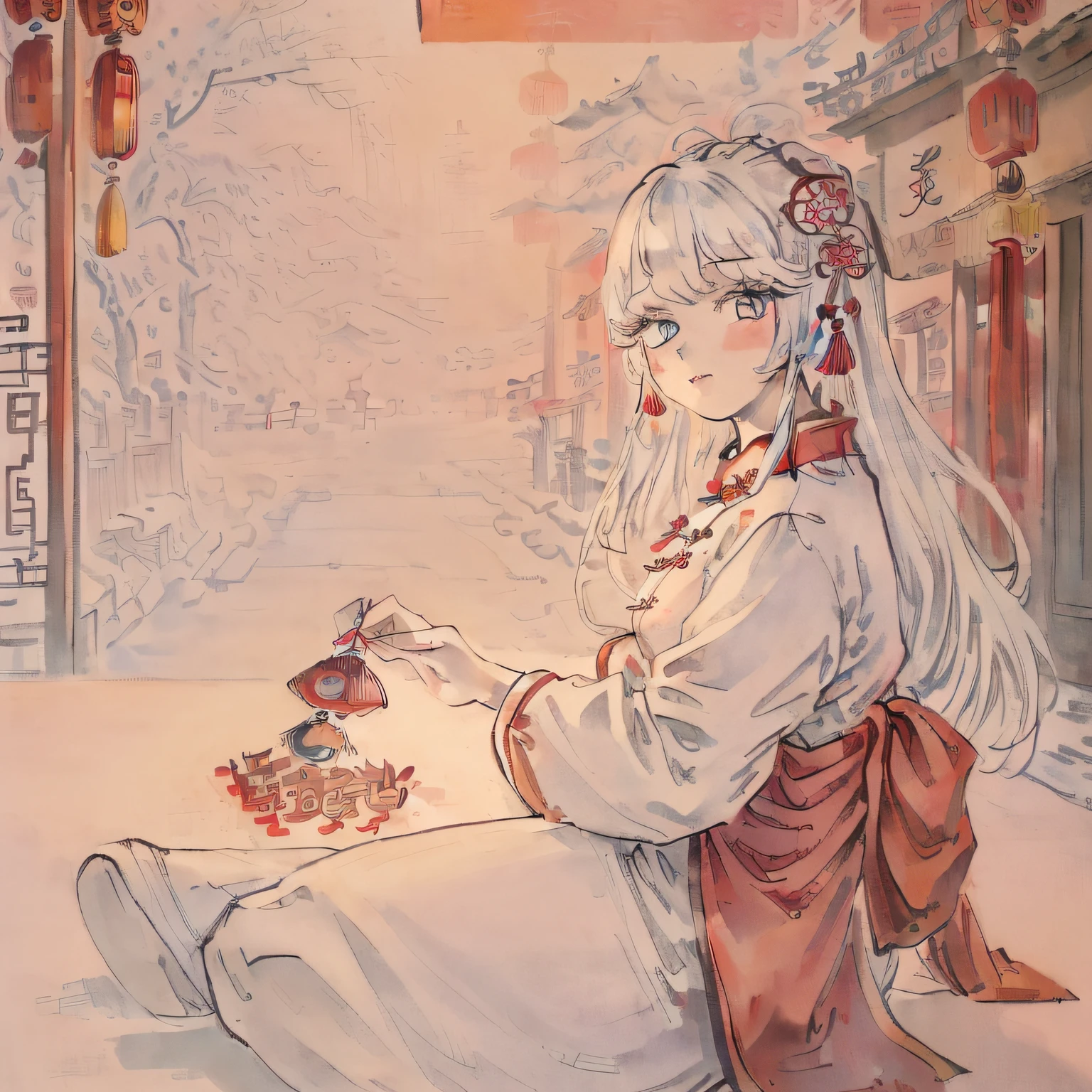 (an extremely delicate and beautiful),((masterpiece)), (((best quality))), ((ultra-detailed)), ((illustration)),((solo)),((((a girl)))),((beautiful detailed eyes)),white hair,spring festival,(((chinese new year))),((lunar new year)),firecracker,Temple Fair,((busy street)),detailed fireworks, finely detail,(firecracker),((the best building)),(best shadow),many people,snow