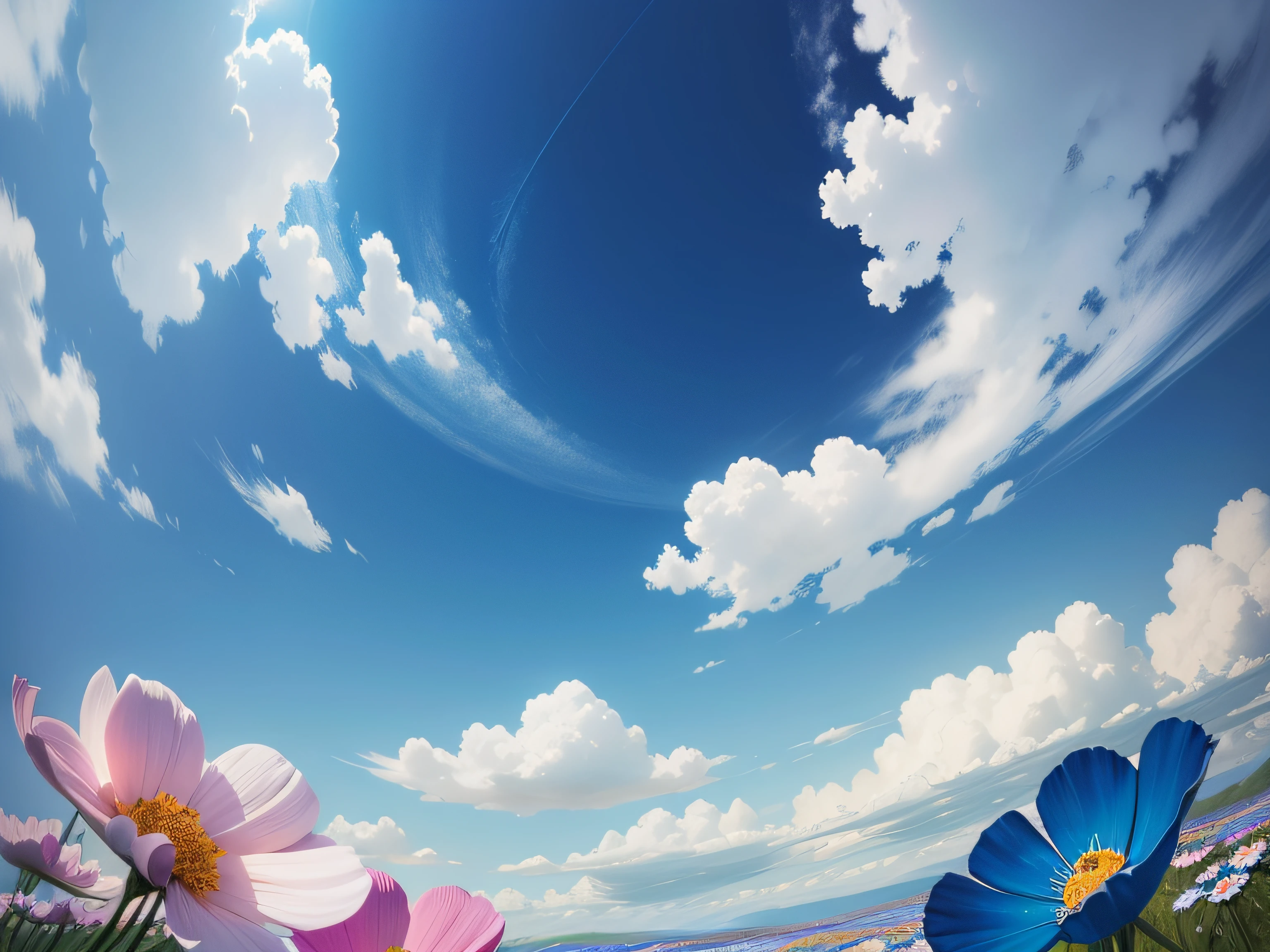 Cosmos flowers bundled in rough、blue-sky。no humans、photos realistic