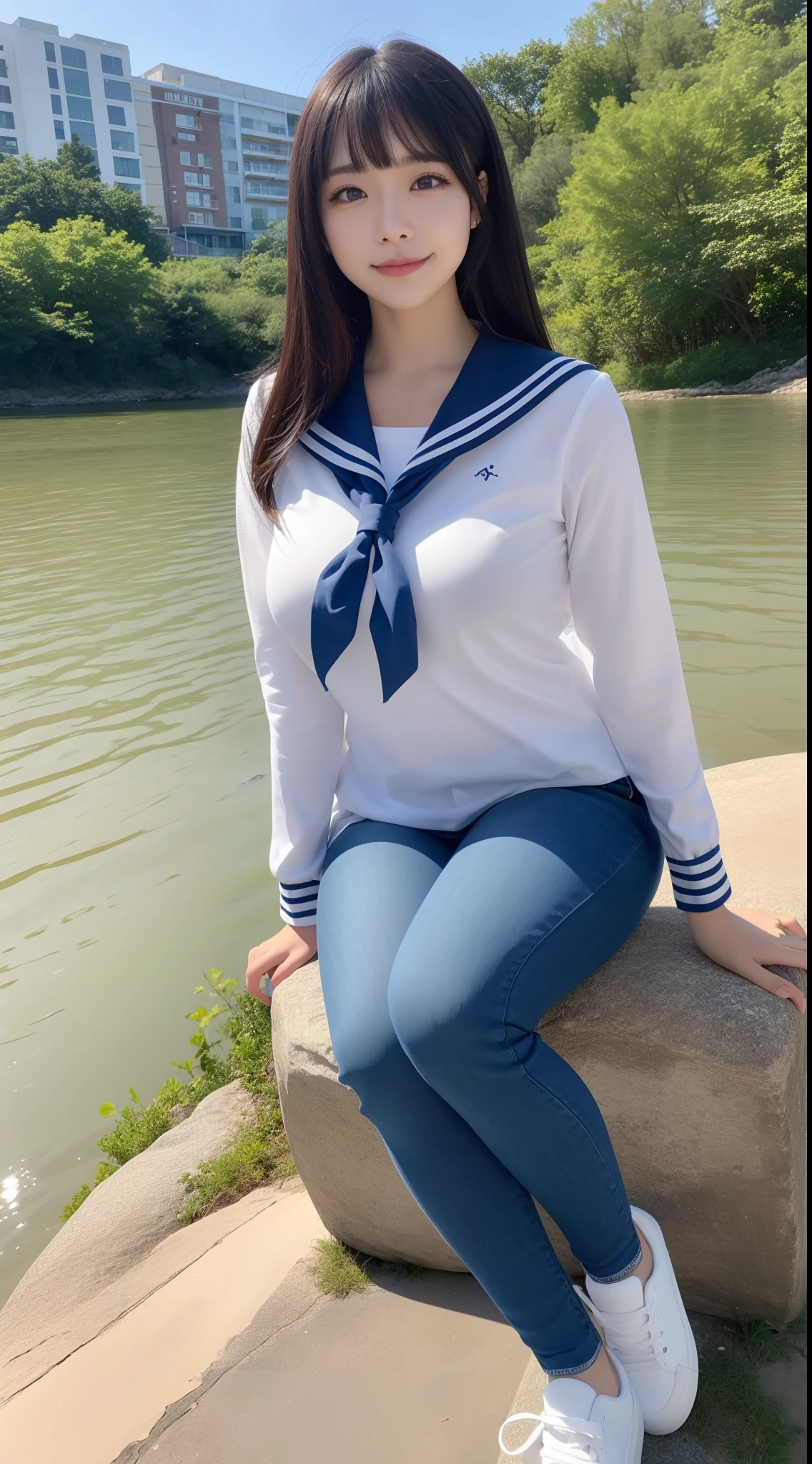 a pregirl，Large breasts, ssmile, looking at viewert, sailor uniformm,skintight jeans, athletic sneakers，photore, realisticlying, Best quality at best, employee, 详细的脸, Sit on a large rock in the middle of the river, diffuselighting, depth of fields, Background bokeh