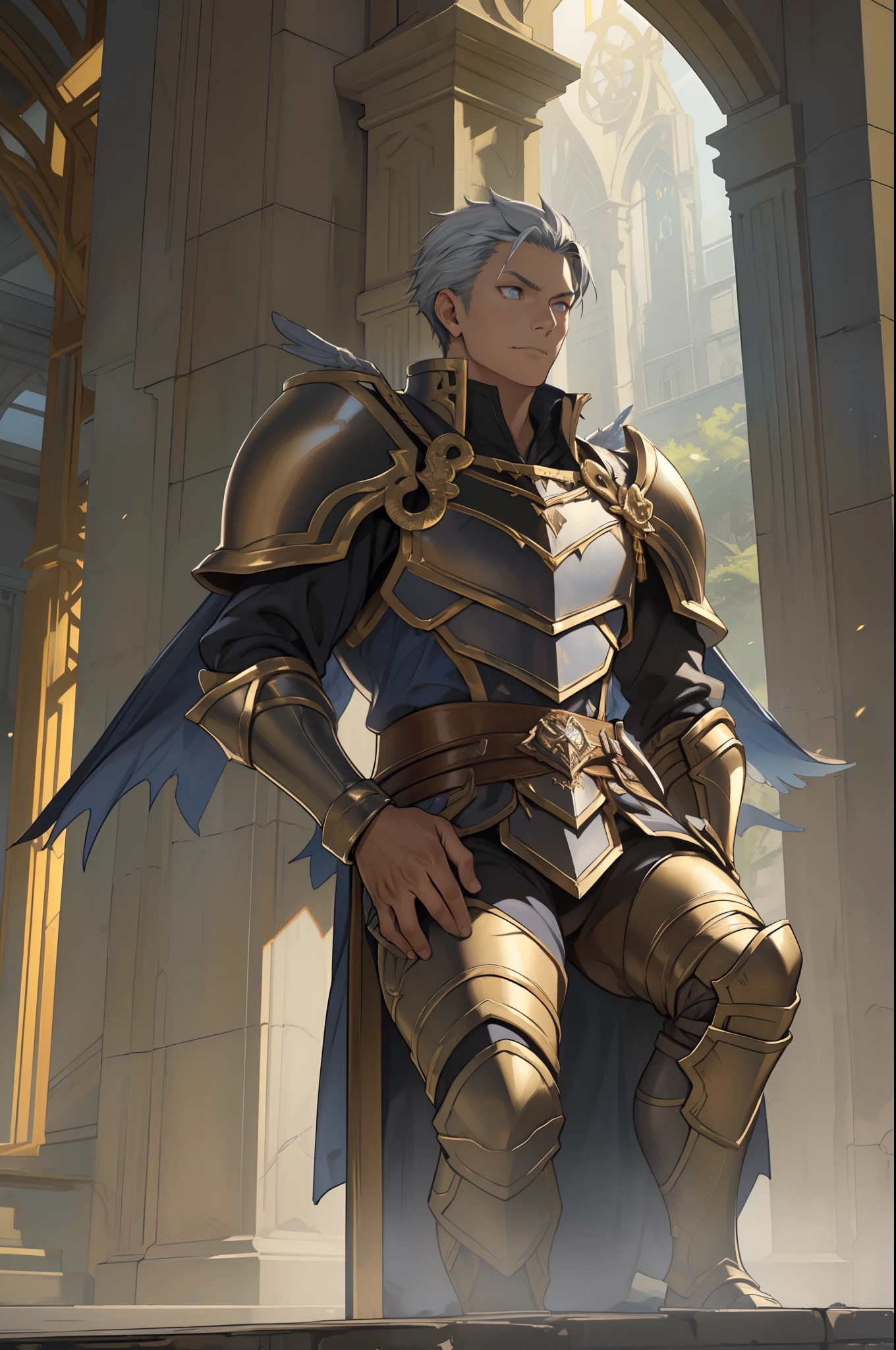 1 man,(sit astride),Masterpiece, Absurd, Award-winning photo, Extremely detailed, Amazing, masculine details, Extremely detailed eyes and face, author:Lee Jeffreys Nikon D850 Film Stock Photography 4 Kodak Portra 400 Camera F1.6 lens rich colors hyper realistic texture realistic lighting dramatic lighting unrealengine trend in artstation cinestill 800 tungsten, Young man, strong looking(( archangels warriors 3), large wings (three angels men warriors big wings, cherubs in a gold armor and accessories, Golden wings, wearing AGF:1.1), (Redshift style:1.1), (Style, Realistic, photographed, professional, High contrast, 3boysl, expressive look, hdr, Highest quality, Sharp focus, looking at viewert, Facing the viewer, 8K, Blue eyes, Wearing (Male paladin_glam armor, armor decorated with jewels, paladin armor: 1.15), Final Fantasy XIV setting, ultra sharp resolution, Cinematic lighting, Sharp focus, (illustration: 1.1), Intricate,3 Archangels, Short-haired Catholic, wearing a robe and armor, Golden, Silver, and broze, pondering over one with swords, Golden Hoop Stick, church in classical style, columns detail Corinthias poorly lit, hall bright lights, flashing lights,