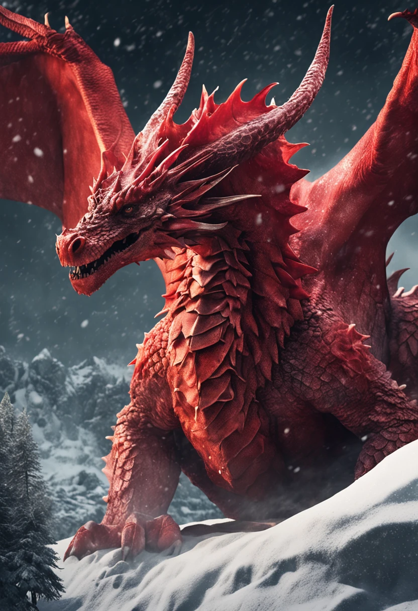 No text，photore，A majestic red dragon is surrounded by fire，The scenery has snow and rocks，Snowflakes fell from the sky