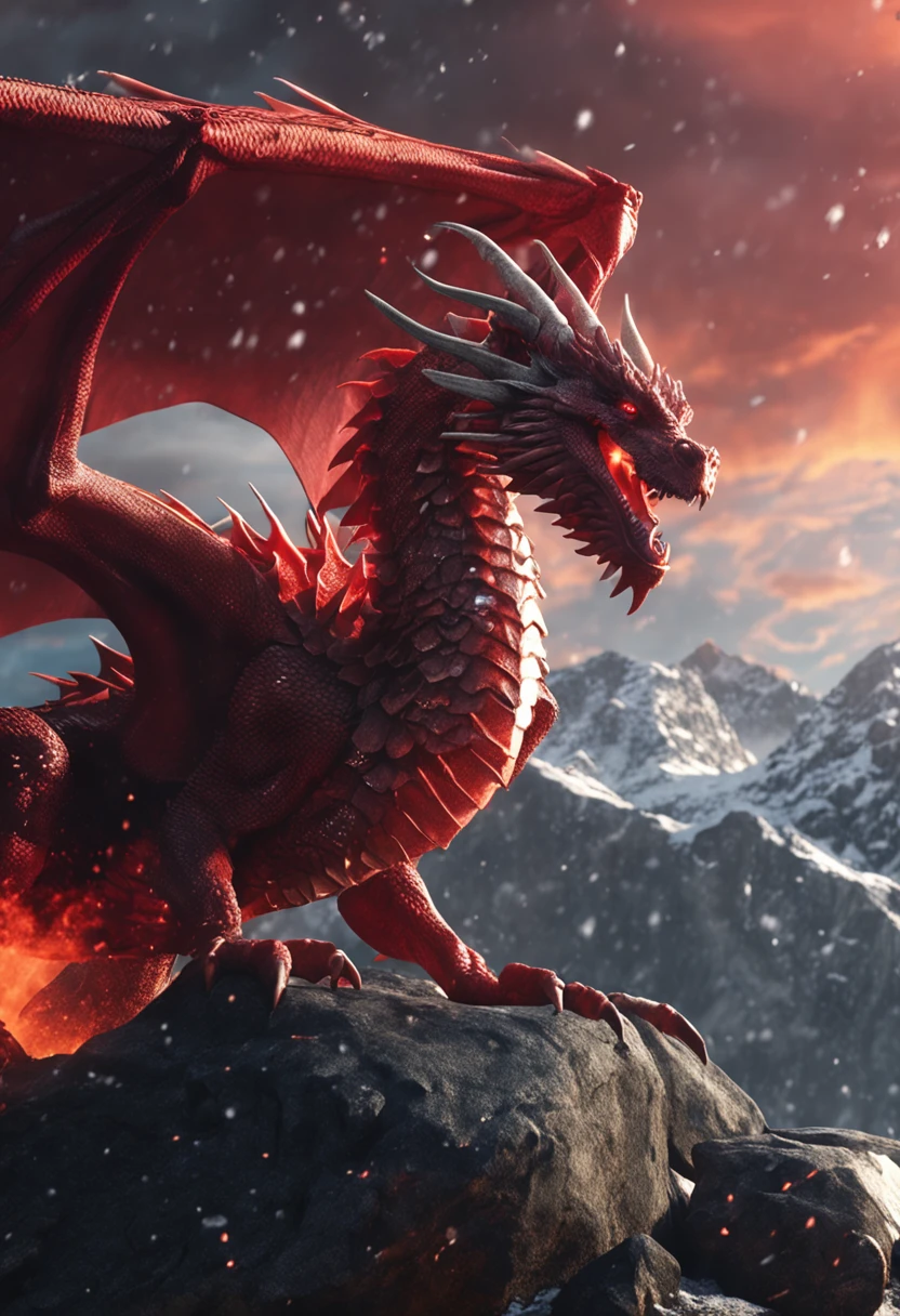 No text，photore，A majestic red dragon is surrounded by fire，The scenery has snow and rocks，Snowflakes fell from the sky