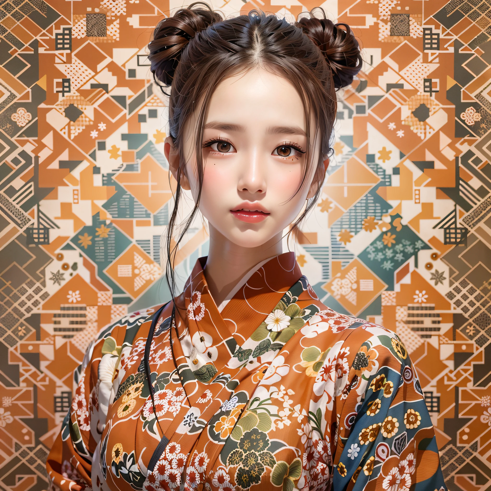 (Background, symmetrical, Compositions with colorful geometric arabesque patterns):1.3, (hair bun, single braid, dark brown hair), (top-quality, very detailed illustration), (1woman:1.3, solo), (japanese kimono), (ultra delicate face, ultra Beautiful fece, ultra delicate eyes, ultra detailed nose, ultra detailed mouth, ultra detailed facial features), (dress, off-shoulders), (medium breast:1.3), from the front side, slender body:0.8, lipgloss, (smiling:0.8)