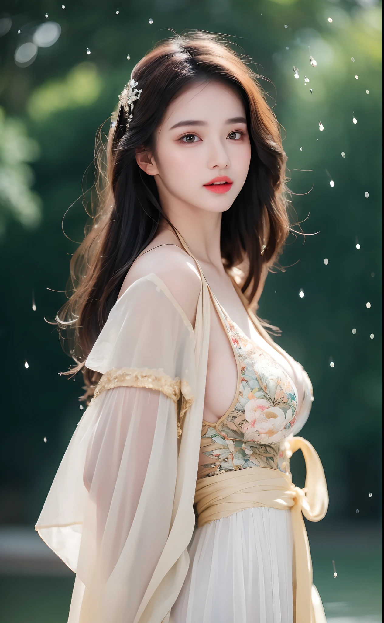 ((Best Quality, 8k, Masterpiece: 1.3)), Focus: 1.2, Perfect Body Beauty: 1.4, Buttocks: 1.2, ((Layered Haircut)), (Wet Clothes: 1.1), (Rain, Street:1.3), (Breasts: 1.2), (Hanfu: 1.2), Bare Shoulders, Bare Legs, Highly Detailed Face and Skin Texture, Fine Eyes, Double Eyelids, Whitened Skin, Long Hair, (Shut Up: 1.5), (Bokeh Background: 1.5), Big Breasts
