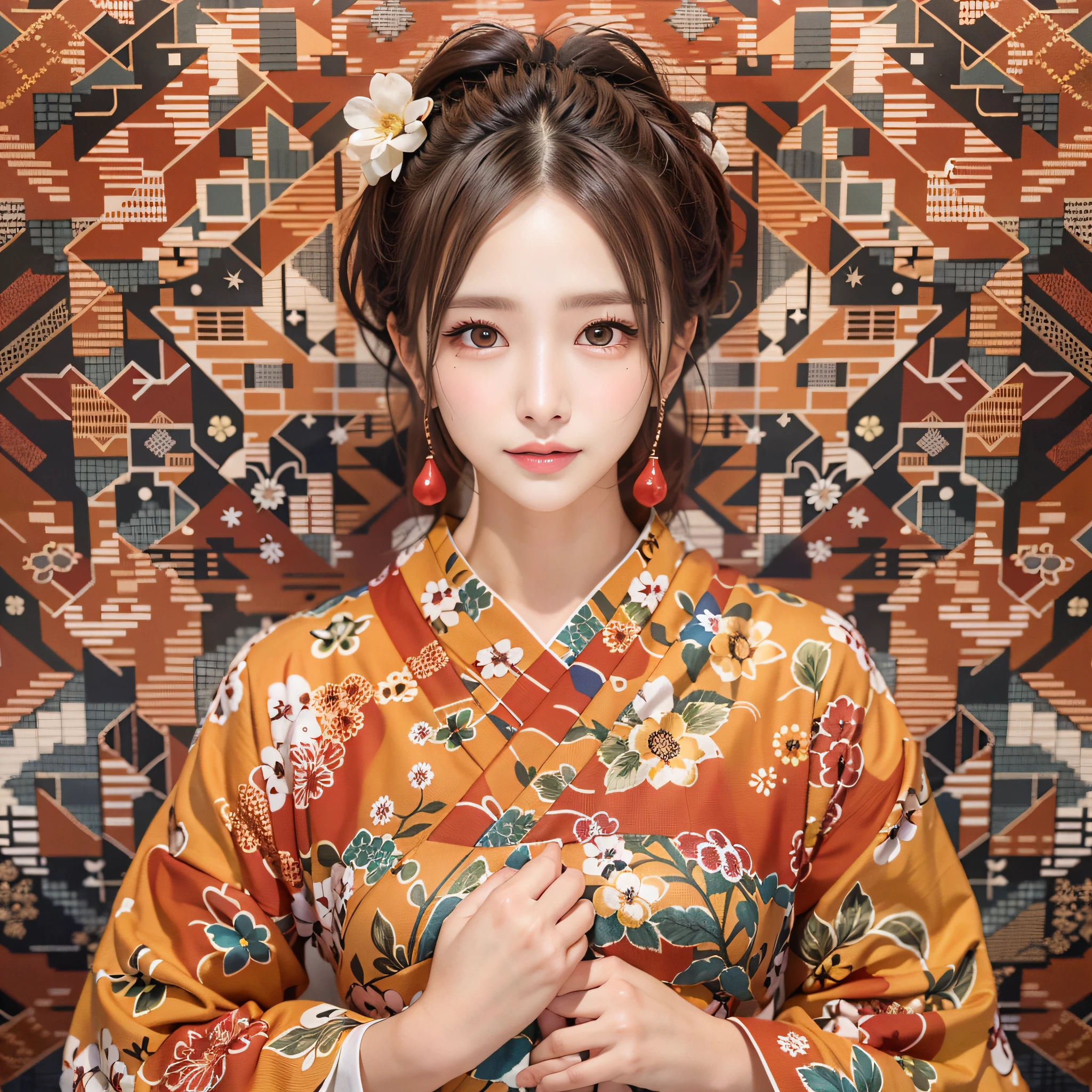 (Background, symmetrical, Compositions with colorful geometric arabesque patterns):1.3,  (hair bun, single braid, dark brown hair), (top-quality, very detailed illustration), (1woman:1.3, solo), (japanese kimono), (ultra delicate face, ultra Beautiful fece, ultra delicate eyes, ultra detailed nose, ultra detailed mouth, ultra detailed facial features), (dress, off-shoulders),  (medium breast:1.3), from the front side, slender body:0.8, lipgloss, (smiling:0.8)