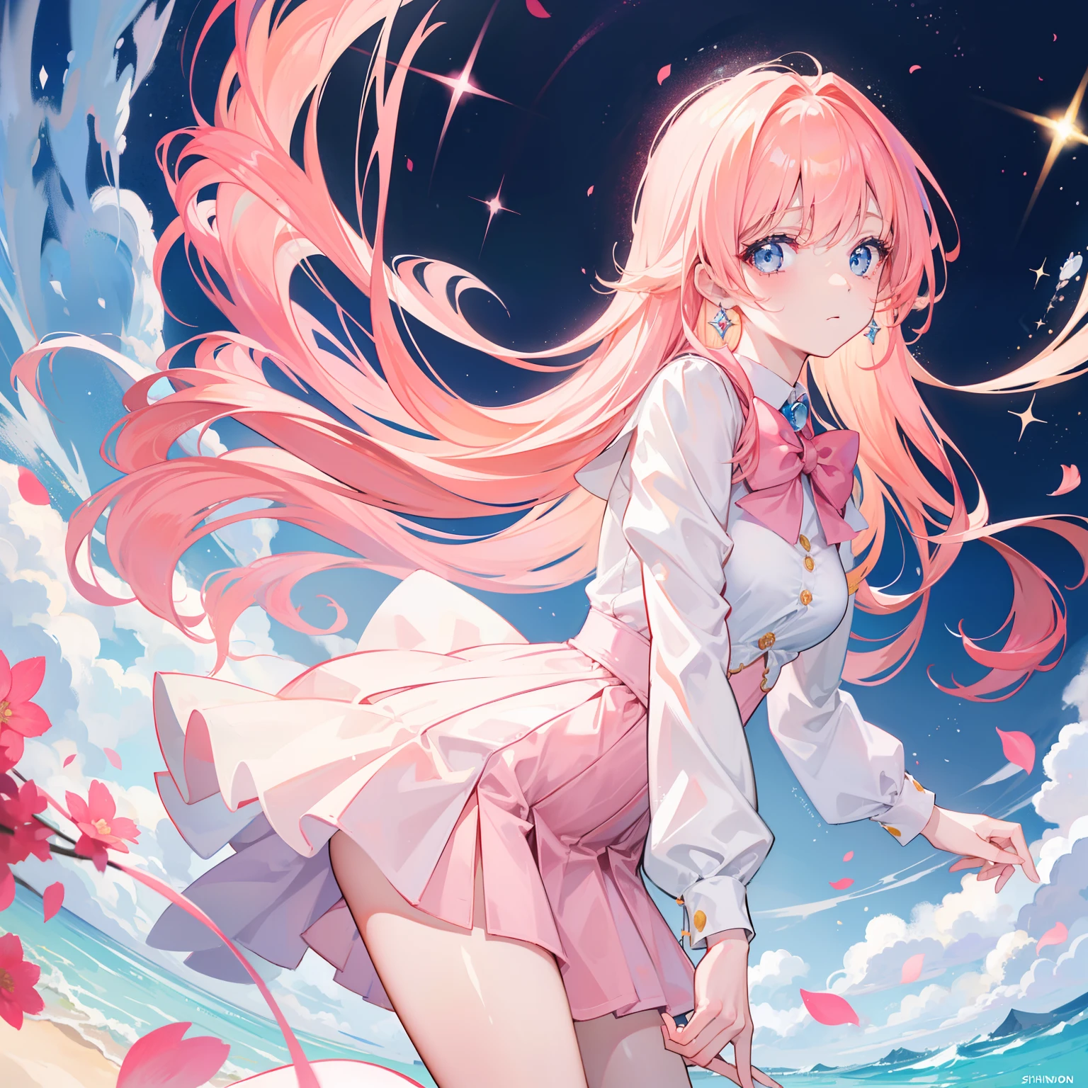 The most beautiful in the world,The brightest apricot pink hair、shinny hair、Super long silky straight hair、Beautiful bangs sparkling Borat、School uniforms、bright expression、The cutest face in the world、young and shiny white shiny skin、The most beautiful and beautiful in the world、ultimate beauty girl、、Sparkling crystal clear and charming light blue eyes、Very nice and lovely girl、Lush bust