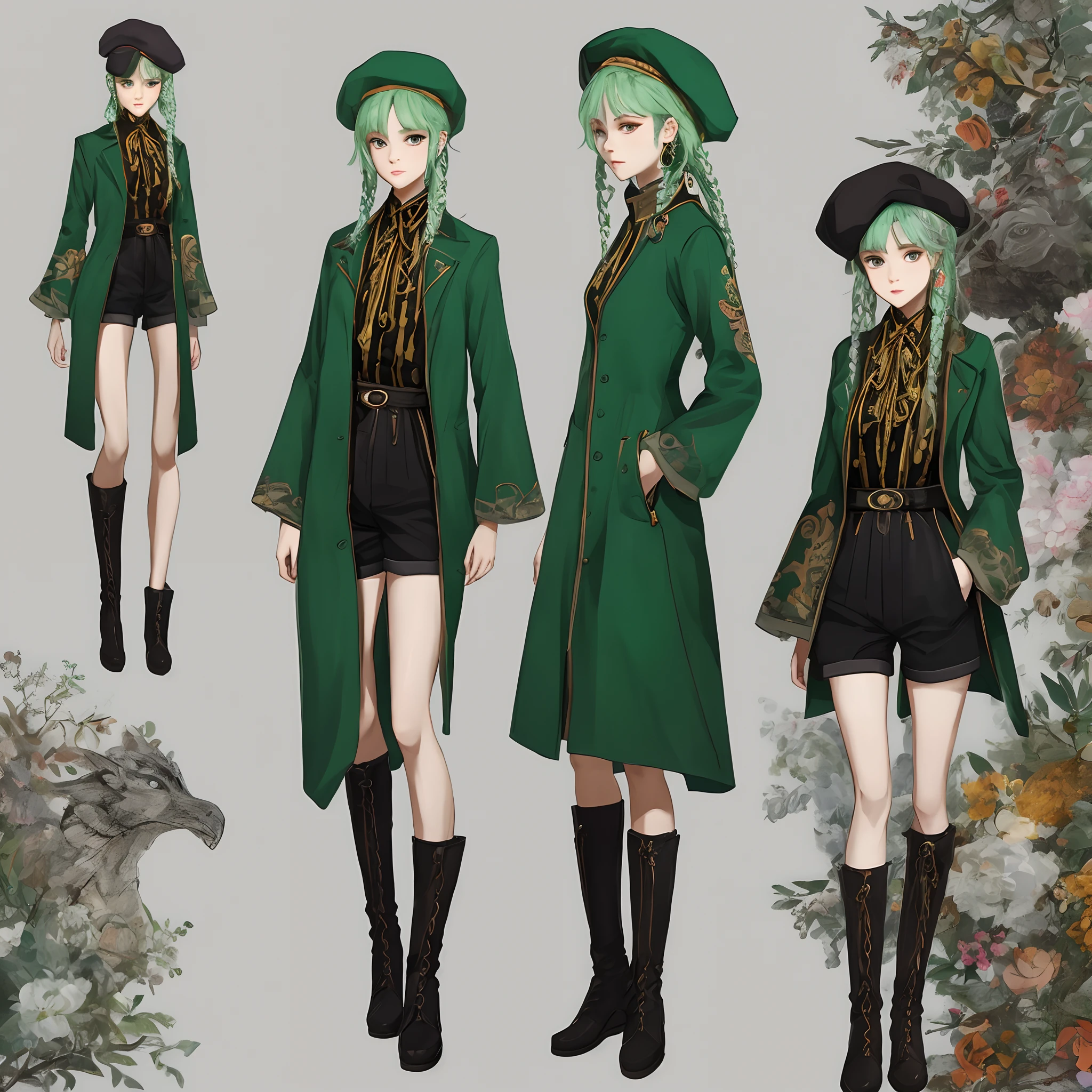 There is a painting，It depicts a woman wearing a green coat and boots, clear outfit design, clothing design, , detailed full-body concept,  anime concept art, Shoujo manga character design, full body detailing, detailed full body concept art, fashion concept art, full body portrait of a short!Wearing a berets，The beret has the word Wen Xun on it，The sideburns are braided and coiled，The cuff cuffs are trimmed，Light green hair，brown shorts，The earrings are designed for the pages，The neckline is a jewel and saliva towel formal design
