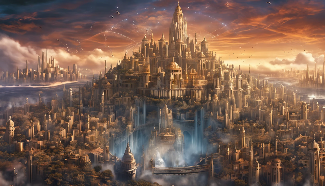 pintura de uma cidade com um castelo cercado por anjos voando ao redor, Cidade Empiriana, reino divino dos deuses, utopian city, gold gates of heaven!!!!!!!!, esoteric equation heaven, heaven on earth, breathtaking art, breath-taking, floating city in the sky, Cidade Apocalyptik, Cidade nas Nuvens, Pintura escura elaborada