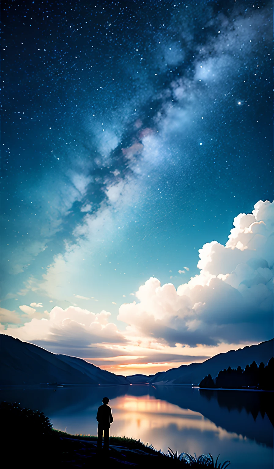A man stands on a hill，Gaze at the stars on the lake and the Milky Way sky，The Milky Way shines in the sky。