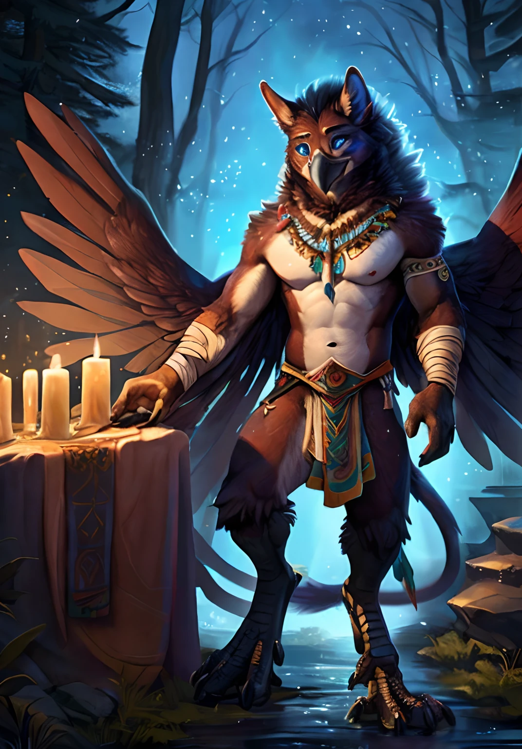 solo, male, athletic body, (muscular:0.5), shaman, (male anthro gryphon):1.3, beak, wings on back, large wings, (standing tough pose):1.3, (kemono:0.6), (tribal jewelry, bandage wraps), detailed eyes, large tail, mane, ((bust portrait)), (avian legs feet, bird feet), powerful legs, (detailed eyes, blue eyes):1.1, (outdoors:1.35), altar, fire, smoke, forest, candle, night, (particles ,firefly, blue glowing):1.3, detailed background, photorealistic, realistic hands, 8k hd, (dark shadows, wide dynamic range, hdr, low light:1.2), by (by Pino Daeni, (by ruaidri), by virtyalfobo), (best quality, masterpiece:1), furry gryphon, brown fur, fuzzy, blushing, collar, slave, big mane, tatooed, beta, branded, avian