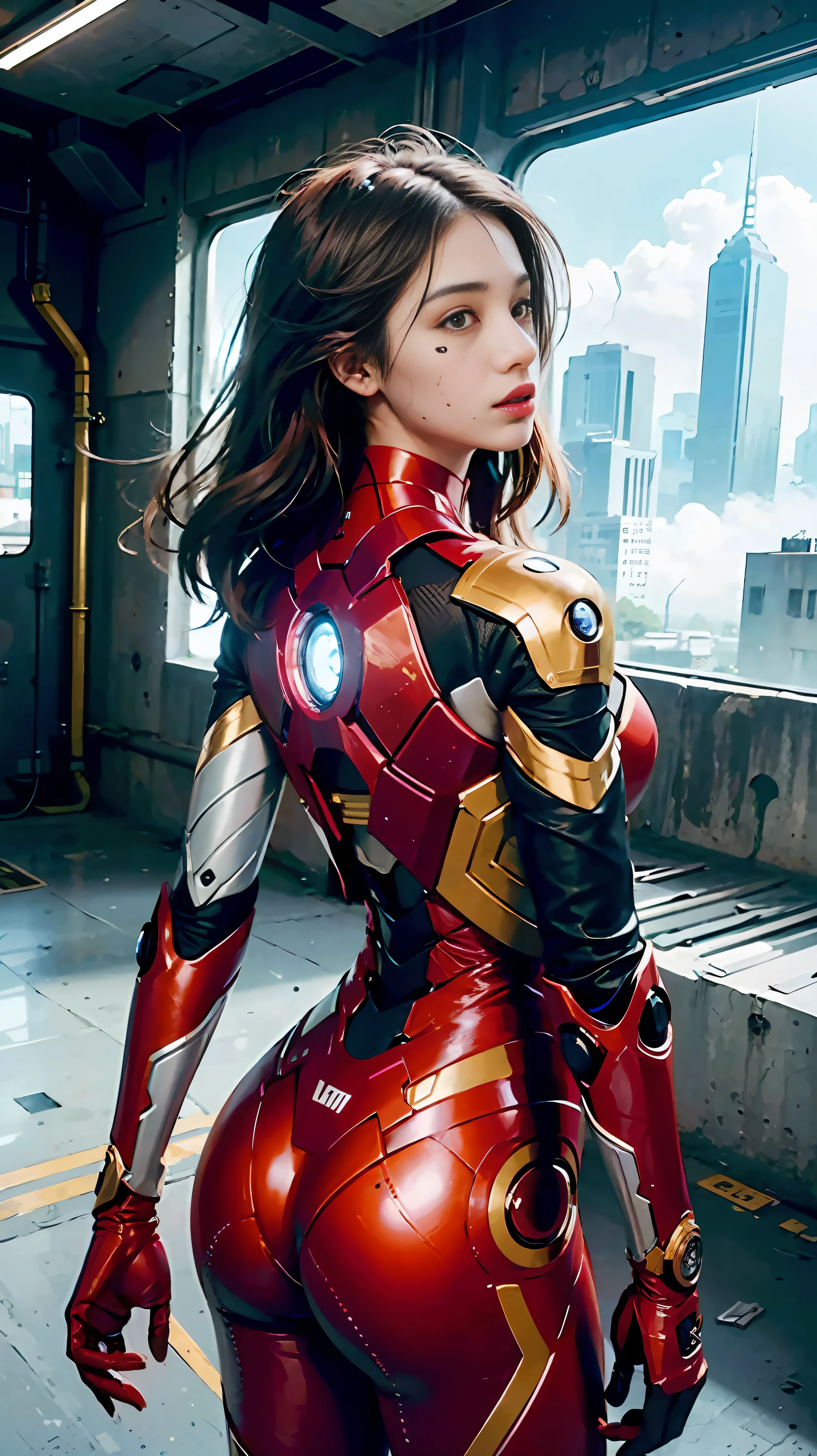 (1girl:1.3), solo, __body-parts__, official art, unified 8k wallpaper, super detailed, beautiful and aesthetic, beautiful, masterpiece, best quality, raw, masterpiece, super fine photo, best quality, super high resolution, photorealistic realism, sunlight, full body portrait, amazing beauty, dynamic pose, delicate face, vibrant eyes, (viewed from the side), she is wearing futuristic Iron Man mech, red and gold color scheme, very detailed abandoned warehouse background, Detailed face, detailed complex busy background, messy, gorgeous, milky white, highly detailed skin, realistic skin details, visible pores, sharp focus, volumetric fog, 8k uhd, DSLR camera, high quality, film grain, fair skin, photo realism, lomography, flying in the air of the futuristic city, seen from below, translucent