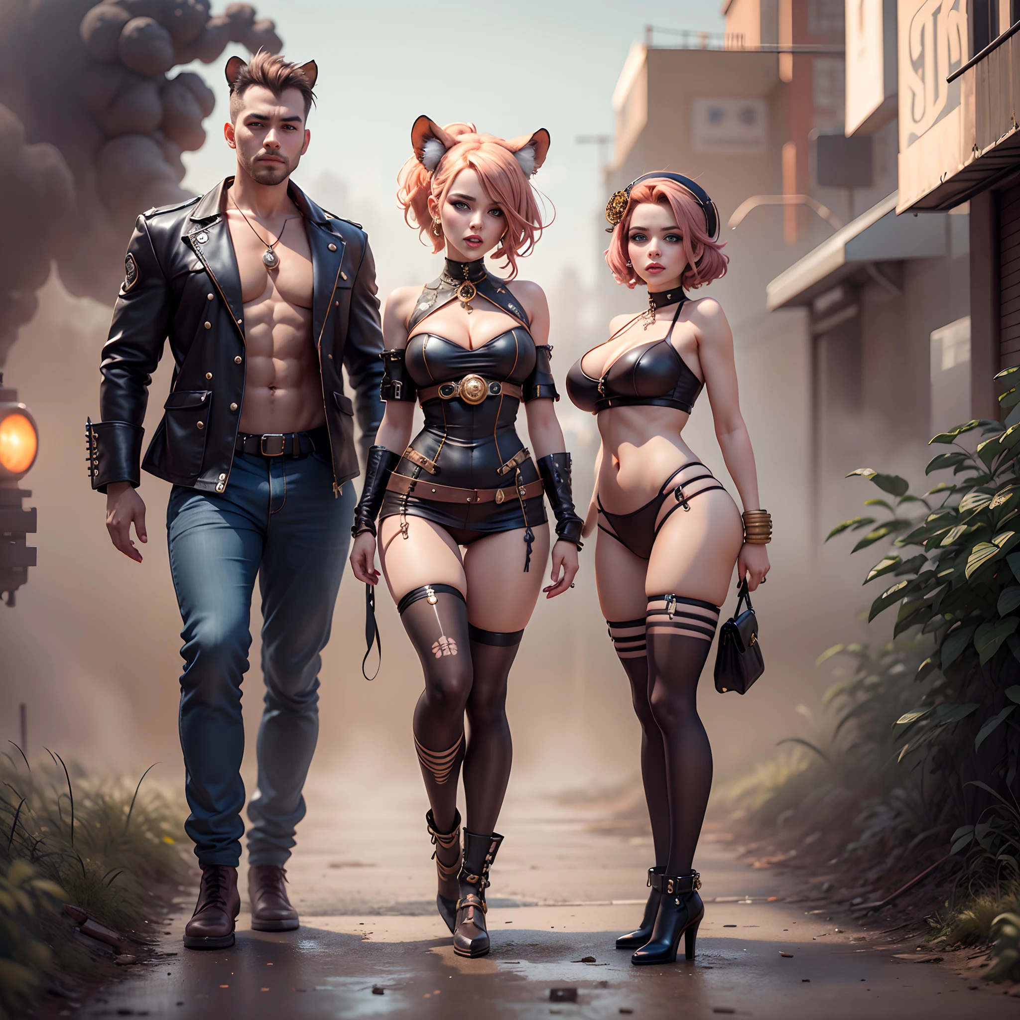 There's a sexzy russuan busty 1woman with friend of tiger,street punk, standing with Steam punk Helicopter,dusky skin, with muscled body,less dress,Royal look, steampunk animals, sexzy full body view top to bottom, standing in backview turning camera, random camera anhle,dark smoke fog background,arte street punk digital, arte street punk de alta qualidade, Wojtek FUS, arte digital street punk, detailed wild street punk illustration, Portrait of a gold and copper mechanical woman, arte street punk, estilo de arte dieselpunk, cyberpunk street punk, estilo de fantasia street punk, Arte digital altamente detalhada em 4k, sci-fi street punk,sexy beautiful face, doe shape eyes, full lips. slim body, breathtaking beauty, vibrant, comprehensive cinematic, 8k, cinematic lighting, best quality, 4k