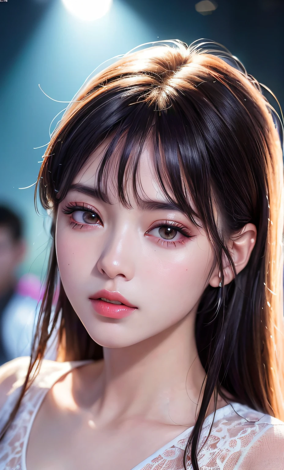 (8k, RAW Photo, Photorealistic: 1.25), (Lip Gloss, Eyelashes, Glossy Face, Glossy Skin, Best Quality, Ultra High Resolution, Depth of Field, Chromatic Aberration, Caustics, Wide Lighting, Natural Shading, Kpop Idol) Viewer sees calm and goddess-like euphoria, full body, sexy, Japan person, round face, beautiful eye shine