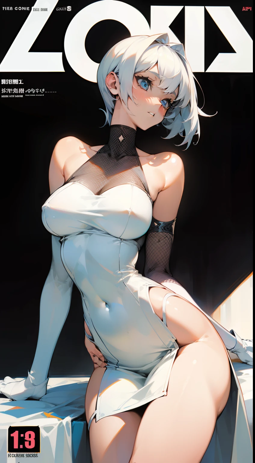 KafkaHKS,Comic cover style，Comic title，Exposing the abdomen，Slim figure，Chopped shoulders，Huge ceiling，White dress on the bottom，Mesh garment，Fully thighs，Below the waist are mesh socks，Master piece，face hyper-detailed，Deep rendering