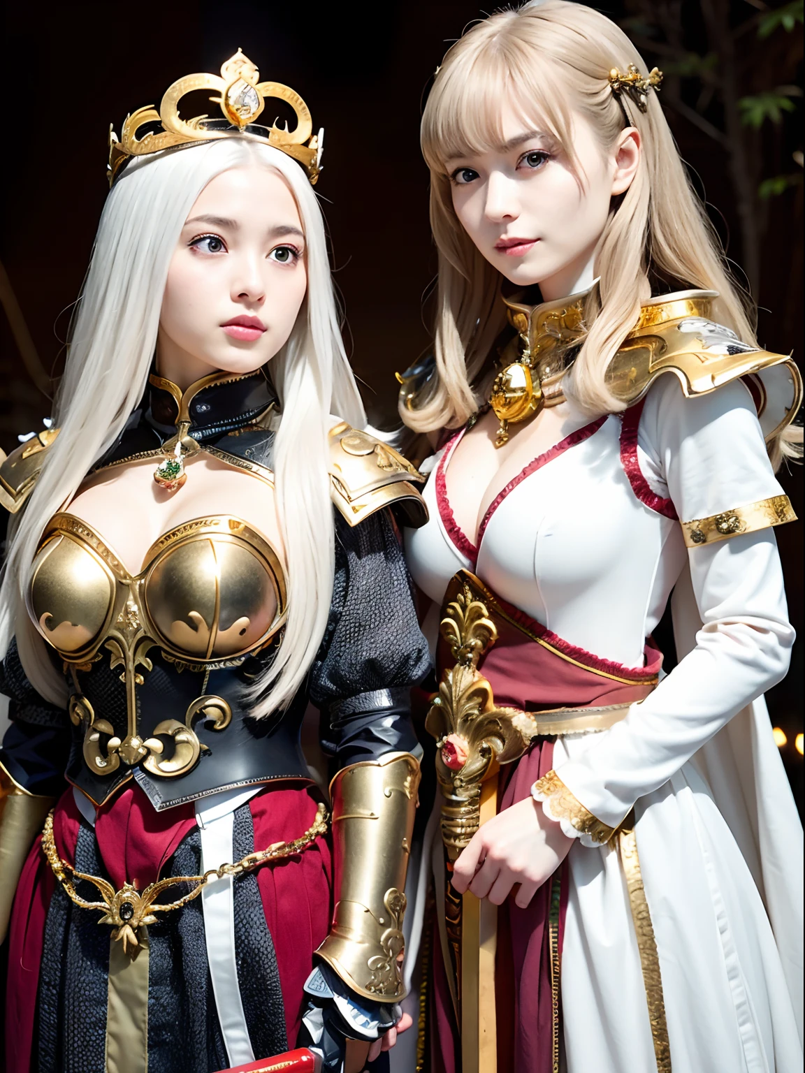 (masutepiece), Professional , masterpiece、top-quality、photos realistic , depth of fields (Gemstone Silver Metal Body:1.9),(Matte White、Jewel Gold Weapon(Jewel Metal Body:1.4),Gorgeous metal weapons , Detailed Sword of the Brave , Beautiful knife ,warhammer 40k , adepta sororitas,Detail and ornate jewel crown、Golden hair、Gangle's forest background、Beautiful Caucasian beauty、1a person、dynamic ungle,(((Detailed and ornate diamond crown)))、Smaller head、A smile、Background inside the castle、Thin and beautiful female hands、cleavage of the breast、Soldier in iron armor on background、Soldier in iron armor on background、Mystical expression、Light Effects、