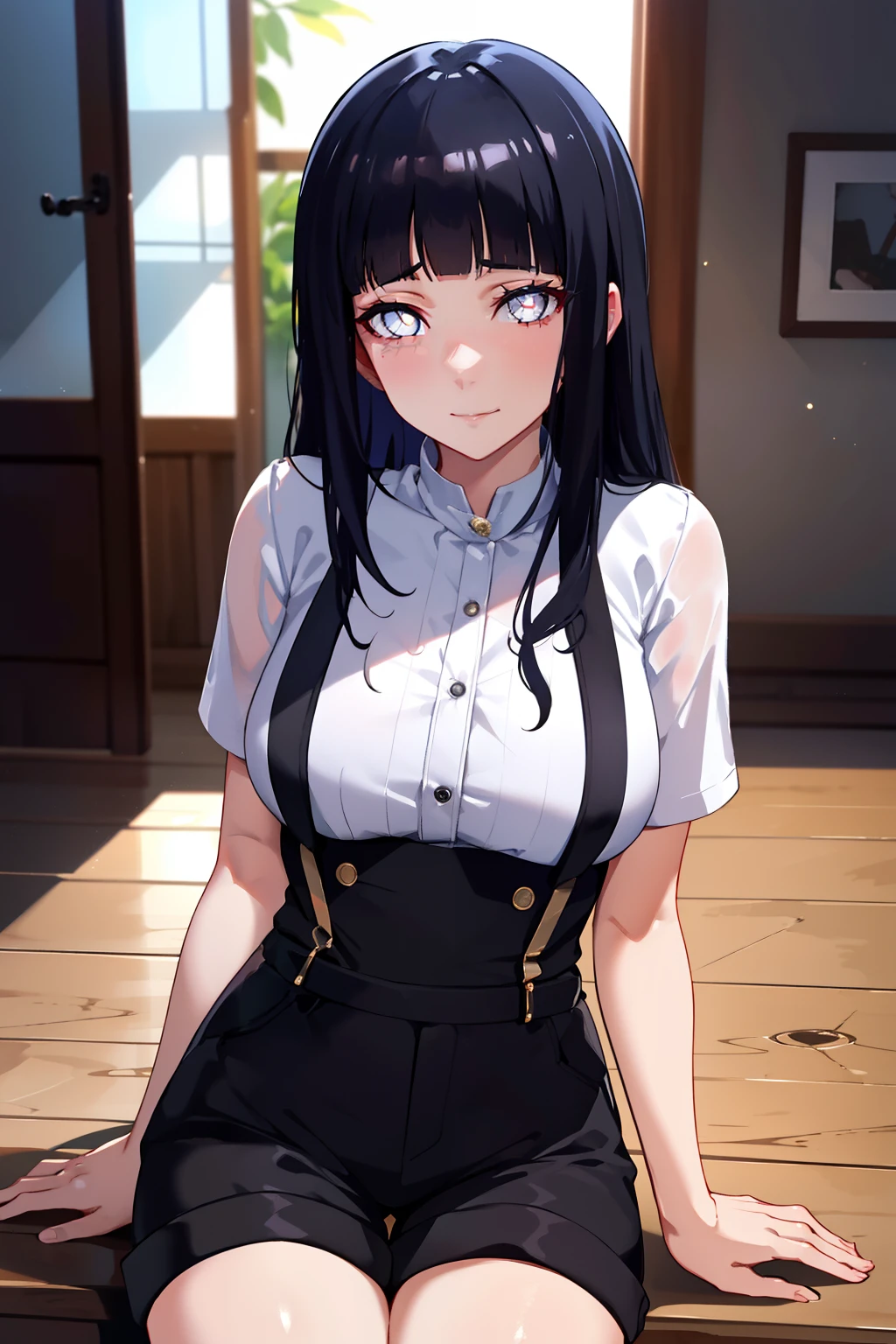 beautiful， tmasterpiece， Best quality at best， Extremely detailed face， Perfect lighting， 1girl， hyouka， hyuga hyuga， By bangs， empty_eyes， black_hair， blunt_bangs， White eyes，No Pupil，ssmile， 独奏， hair straight， The upper part of the body， perfect bodies，White suspenders，Black  shorts，Sit in the room，Be red in the face