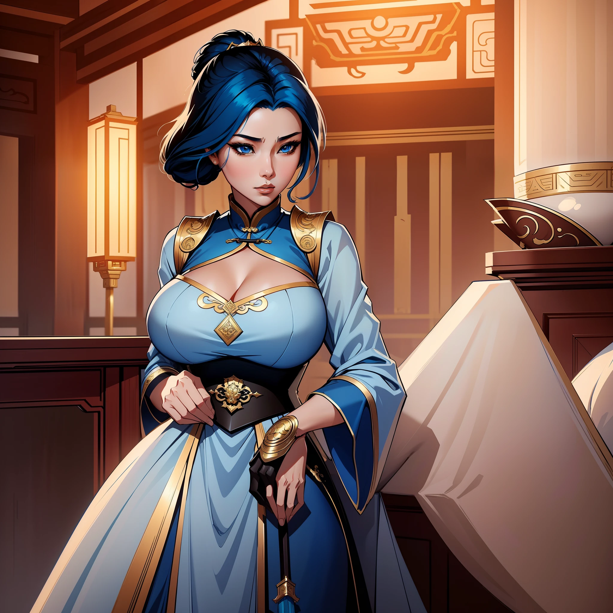 a close up of a short woman in her 30's, with blue eyes and ocean blue hair, wearing a blue and black gown dress, a chinese empress with blue eyes, female swordswoman, chinese princess, standing in a chinese temple, new costume concept design, in the style of blade and soul, full body character concept, detailed character design, inspired by Yang Jin, inspired by Li Mei-Shu, lunar themed attire, costume with gold accents, inspired by Ju Lian, colored concept art, highly detailed character design, highly detailed face, inspired by Ai Xuan, very highly detailed face, unreal engine render, final fantasy 14 style