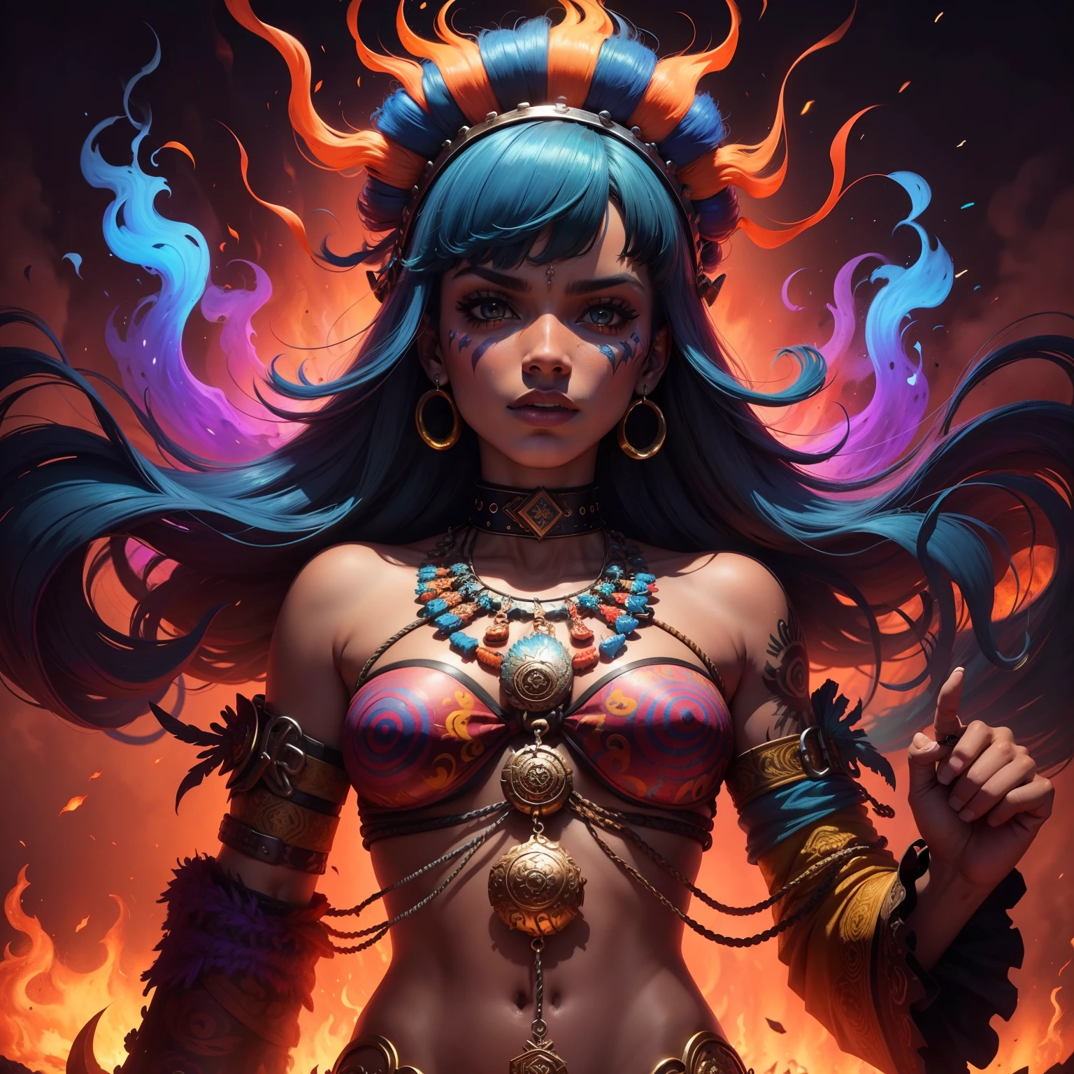 sh4g0d,
sexy girl shaman, wearing mask made of wood, portrait, standing in an s-shape, blue ringlets, sexy breast, 4k , great details and colours