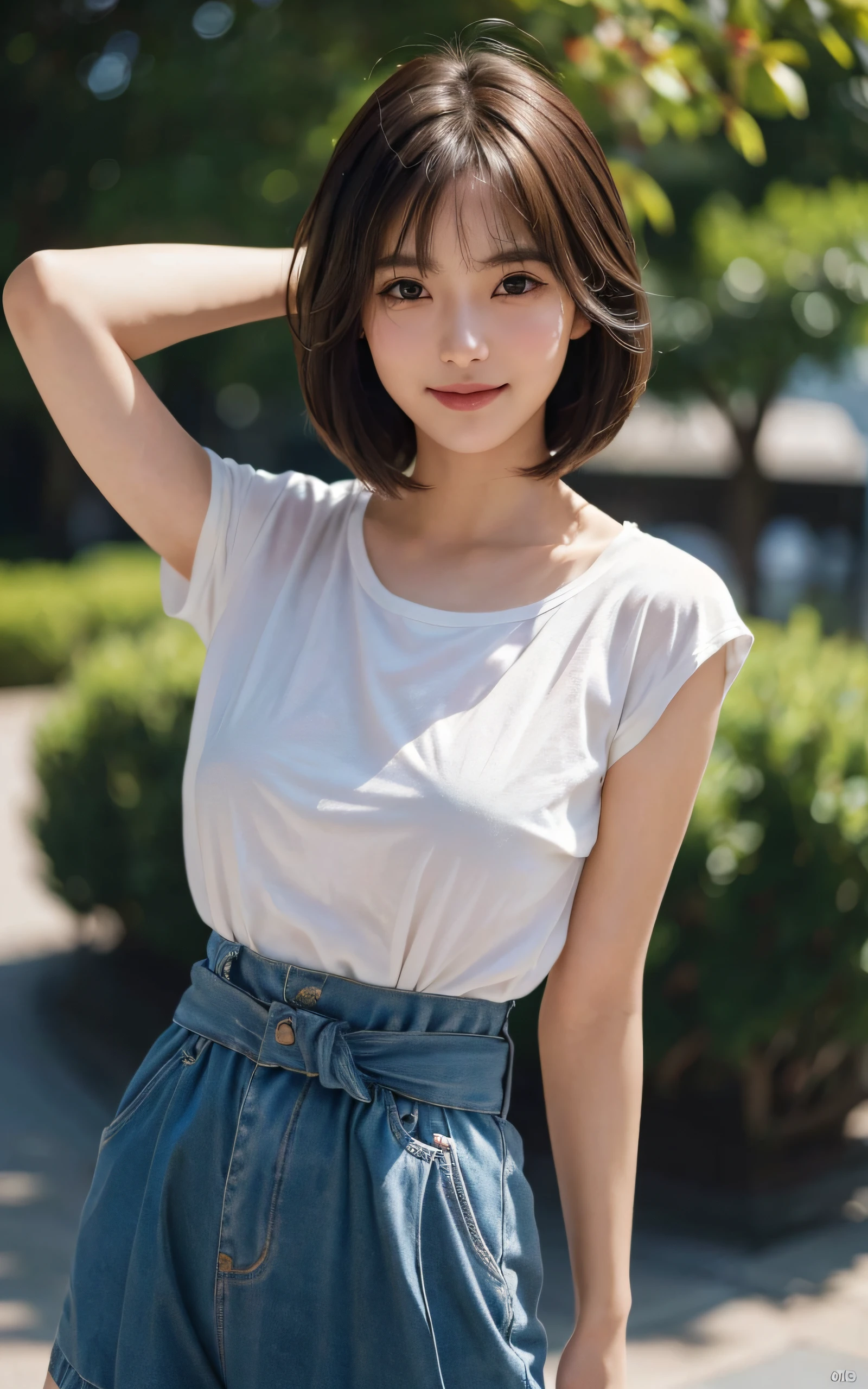 Masterpiece, best picture quality, high quality, beautiful Japanese girl, cute, gravure idol figure, detailed, detailed eyes, detailed skin, beautiful skin, ultra high resolution, (reality: 1.4),very beautiful, slightly younger face, beautiful skin, slender, (ultra realistic), (highresolution), (8K), (very detailed) (beautifully detailed eyes), (super detailed), (wallpaper), (detailed face), looking at viewer, fine details, detailed face, smiling, T-shirt, skirt, looking straight ahead, looking straight ahead, angle from waist up, realistic photo, bright lighting, professional lighting, mature woman, (Brown hair, bob hair, layer cut, swaying in the wind, Bangs),