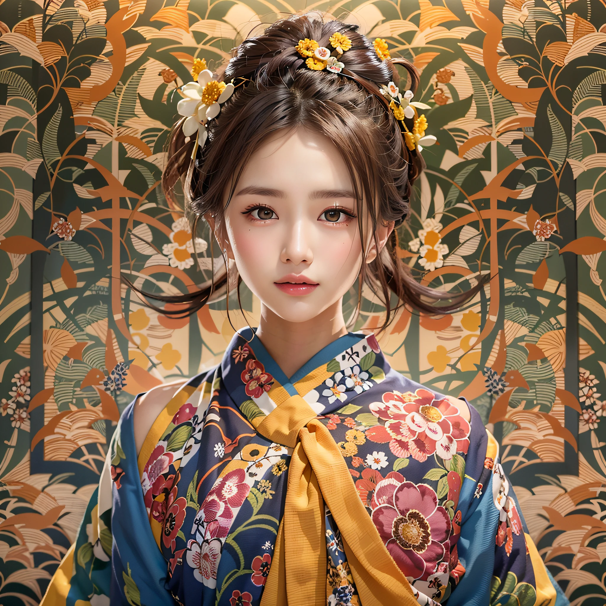 (Background, symmetrical, Compositions with colorful geometric arabesque patterns):1.3, (hair bun, single braid, dark brown hair), (Best Quality, 8k, Masterpiece:1.3), (1woman:1.3, solo), (japanese kimono), (ultra delicate face, ultra Beautiful fece, ultra delicate eyes, ultra detailed nose, ultra detailed mouth, ultra detailed facial features), (dress, off-shoulders), (medium breast:1.3), from the front side, slender body:0.8, lipgloss, (smiling:0.8)
