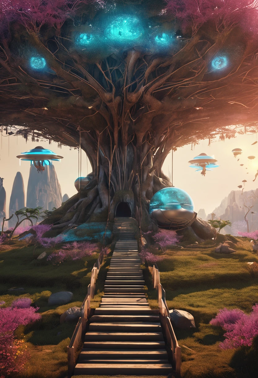 the Technological Garden of Eden with spaceships and the tree of life, the bird Anzo put its young on the branches;; e uma donzela negra construiu sua casa no tronco;