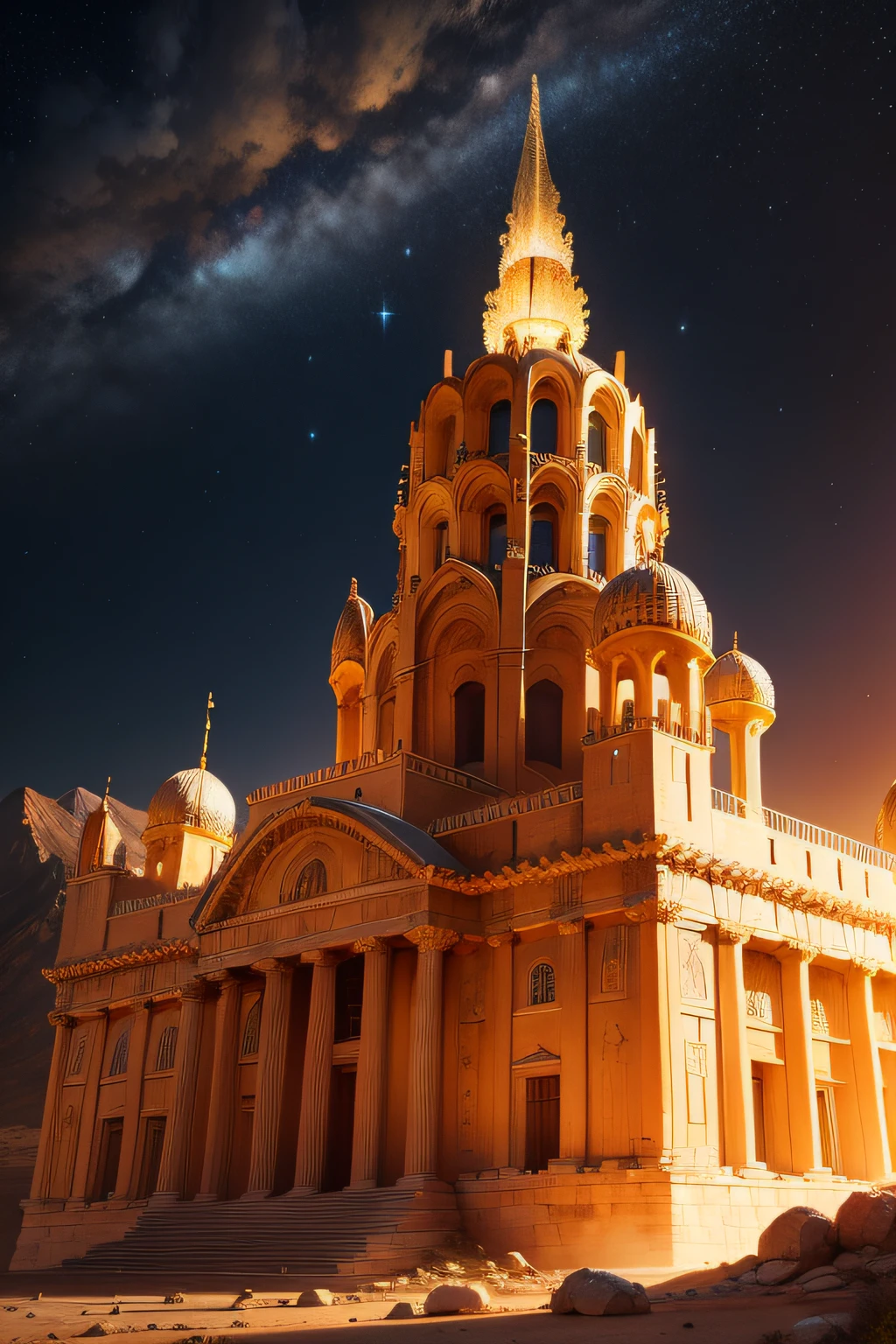 Antique architecture，babel，Mountains，the night，Stars，Castle，Golden Palace，Islamic culture，Greek classical culture，Interstellar culture