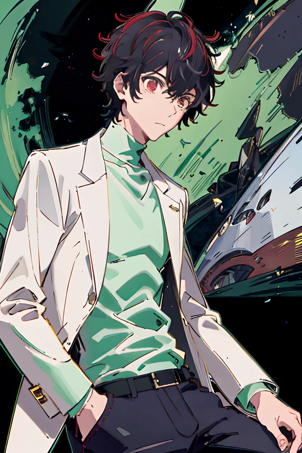 Masterpiece, Best Quality, 1boy, 独奏, male focus, Dshocker, black hair, Short hair, red-eyes, high collar, white coat, green shirt, long sleeves, pants, Ancient ruins, night time, Detailed background