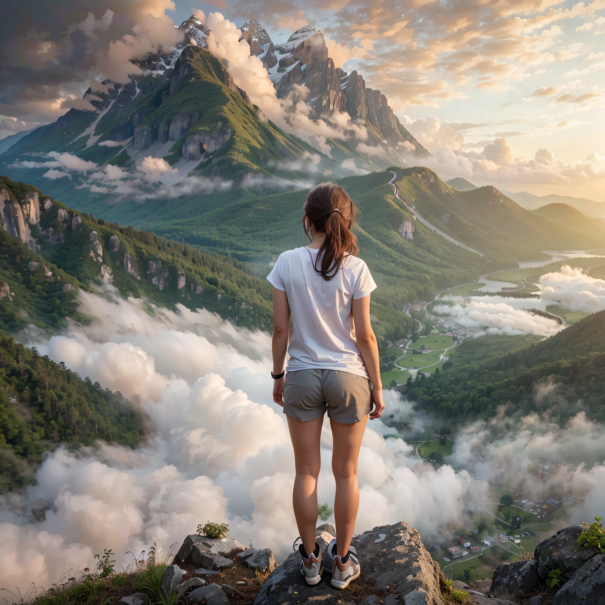 (Best Quality, hyper realistic photography), Magnificent mountain, sea of clouds, A woman watching the sunset, Female back view, white t-shirts, Trekking shorts, trekking boots, rucksack, (ultra delicate face, ultra Beautiful fece, ultra delicate eyes, ultra detailed nose, ultra detailed mouth, ultra detailed facial features)