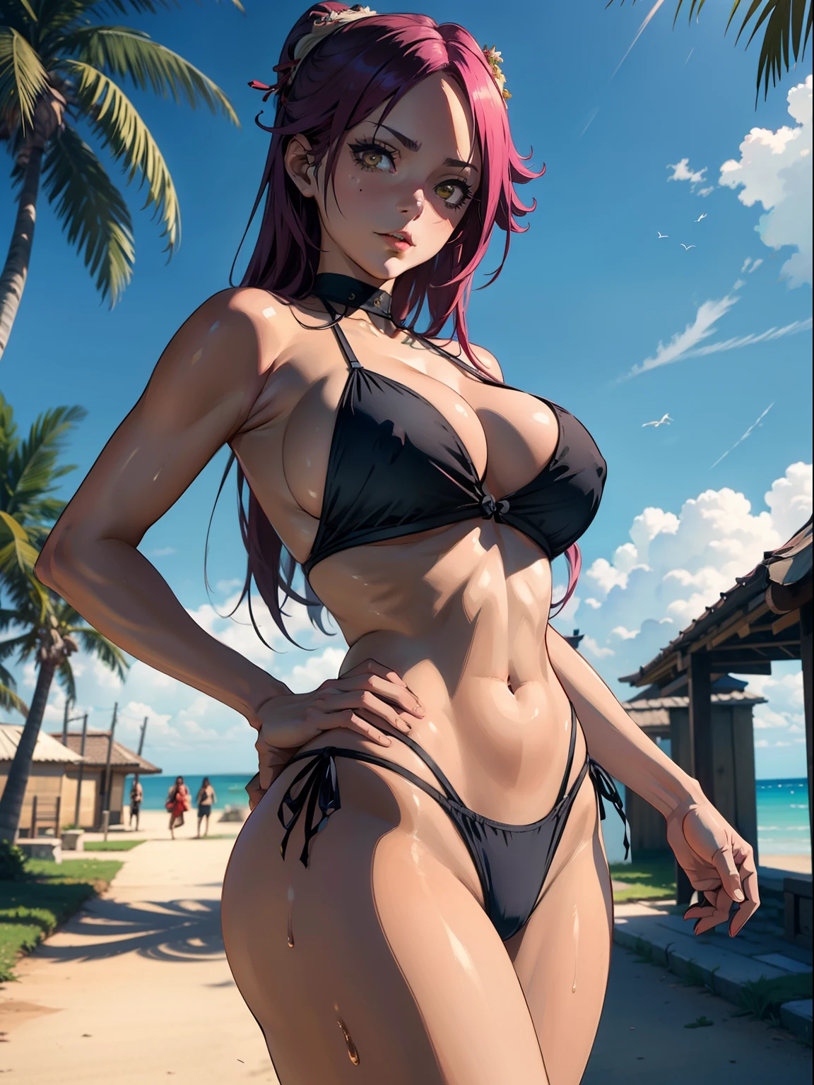 NSFW, molhado, seios e transparentes, abertura das pernas, in front of camera, sentado, bunda grande, mostrando virilha, bunda perfeita, Rosto de Yoruichi, Yoruichi, ((melhor qualidade)), ((altamente detalhado)), obra prima, Rosto detalhado, Rosto bonito, Shihouin Yoruichi, bikini white, only one