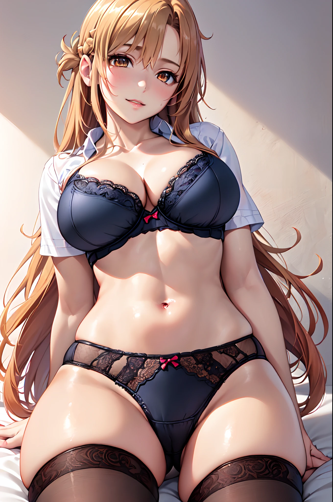 Official art、(Highly detailed CG Unity 8K:1.5)、Perfect litthing、colourfull、Bright Front face Illuminating,(Curve,Model,glamor:1.5),(Realistic, hyper realisitic:1.5),(Sleeping on your back in bed:1.5),(hand between legs:1.5),
(Master Pieces:1.5), (best_quality:1.5), Super Hi-Vision, super detailing,upper view, Sweat,(Seductive smile:1.4),
Photo Shot,hight resolution,(absurderes:1.2)、Kodak Portra 400、film grains,(lensflare:1.2)、(vivd colour:1.5),
(cowboys_shot:1.4),during daytime、Sunsight,Face up,(Asuna),(Asuna Yuki:1.5),(from below looking up:1.5),
(Orange Eyes:1.4)、partedbangs,beutiful breast、perspiring、(Solo:1.5),on the beds,(neat figure:1.5)
(a 1 girl:1.5)、18year old、High school students、Beautiful Finger、beautiful long leg、Beautiful body、Beautiful nose、Beautiful character design、Perfect eyes、face perfect、a navel、Beautiful hair,Sweat,Animated,cleavage, (Exquisite cloth,beautifully detailed eyes:1.3), (Portrait),(School uniform, Blazer, Cardigan, Jacket, Short sleeves, White shirt:1.5),(Unbutton only the top of the shirt..,Underwear visible through the gap in the shirt:1.5),(dark orange hair:1.5),
(lovly、Large breasts:1.5)、(Beautiful face:1.5),(narrowwaist:1.3),delicate patterns,intricate detailes,Smooth Anime CG Art,Beautiful anime girl,charming anime girls,The best girls in anime,beautiful anime woman、oppai、Ecchi anime style、lascivious,(Exquisite cloth,Ren Hao,Lace-trimmed bra,Lace-trimmed legwear:1.4),delicate patterns,intricate detailes,red blush,shinny skin,oestrus,(Black stockings:1.4),(Style image of woman in black underwear:1.5),(Black panties:1.5),A seductive anime girl、Small curved 、Smooth Anime CG Art、beautiful alluring anime teentorealistic anime girl render、beautiful alluring anime woman,Soft lighting、Beautiful anime girl、charming anime girls、Perfect body with realistic shading、