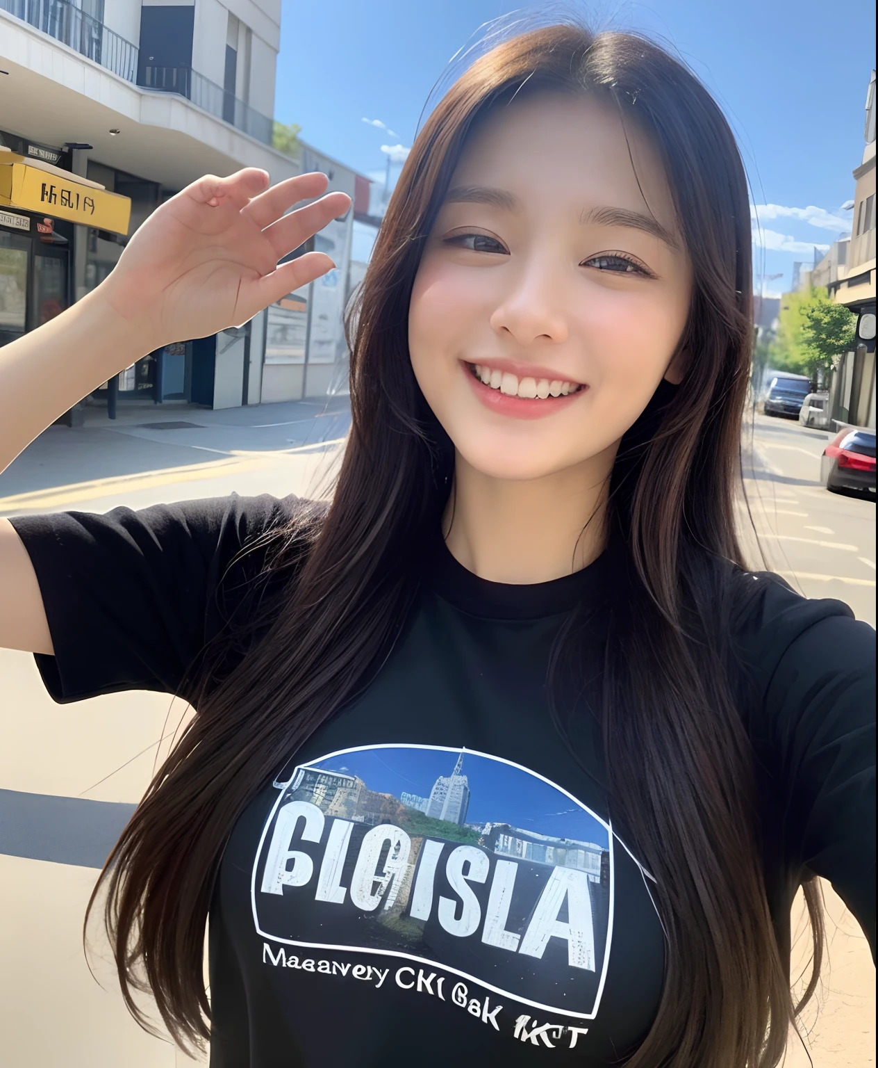 ((top-quality、in 8K、masterpiece:1.3))、1girl in、Beautiful woman with plump abs emphasized:1.3、(The long-haired、Colossal tits:1.2)、In the city、Super delicate face、wholesome、二重まぶた、A smile that showed teeth、Random Color T-Shirt、Looking at the camera、Big smile、Look here、Look at me with your eyes wide open、Cozy feeling、tshirts、Take a walk outside
