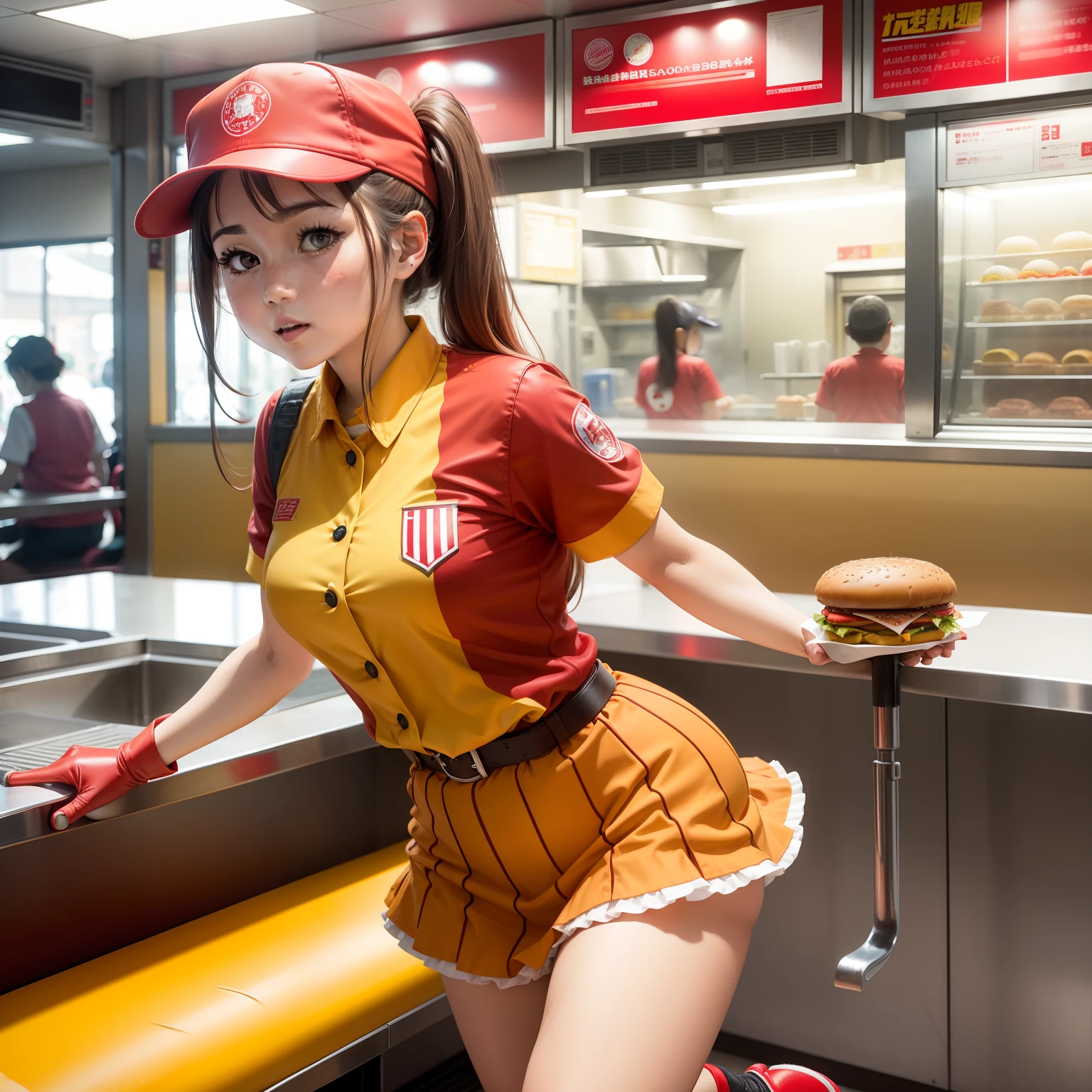 Hamburger clerk woman in red and yellow uniform、Carry a burger tower、Skating on roller skates、Sun visor、a miniskirt、Good Style、poneyTail