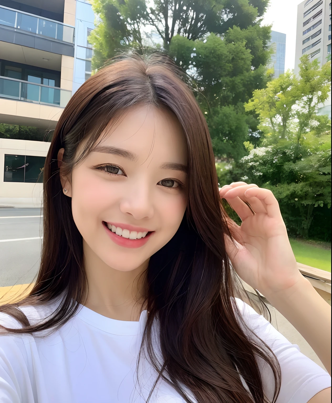 ((top-quality、in 8K、masterpiece:1.3))、1girl in、Beautiful woman with plump abs emphasized:1.3、(The long-haired、Colossal tits:1.2)、In the city、Super delicate face、wholesome、二重まぶた、A smile that showed teeth、Random Color T-Shirt、Looking at the camera、Big smile、Look here、Look at me with your eyes wide open、Cozy feeling、tshirts、Take a walk outside
