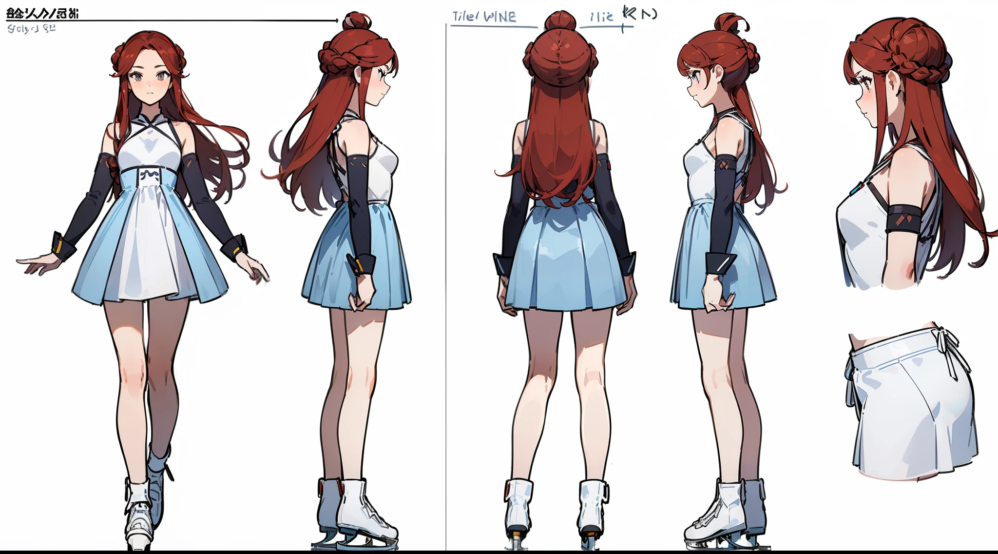 ((Best Quality)), ((Masterpiece)), ((Realistic)) 19 year old, redhead girl, shoulder length hair, aroused excited face ((( ice skater dress))) ((( up-skirt ))) (((mini skirt))) ((slender)) (busty) ((sexy dress)) (((white thong))) bun hairstyle, (((detailed character sheet, frontal view, side view, three quarter view))) (((white background))) 6 and a half heads full body