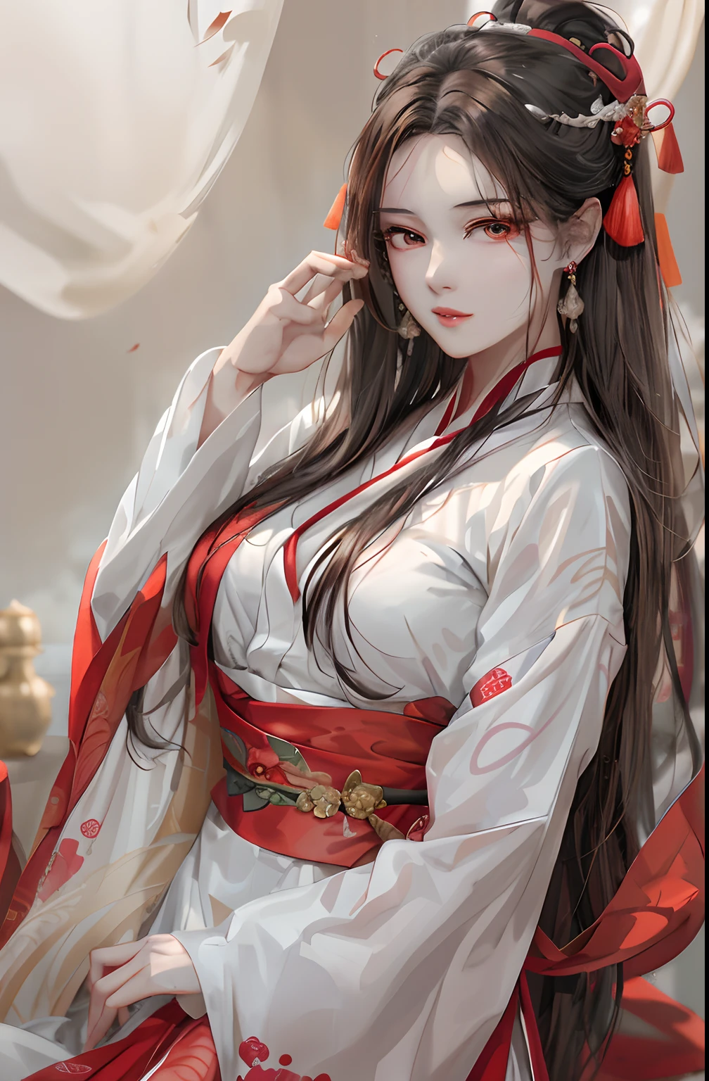 An exquisitely detailed CG artwork depicting Hakurei Reimu, a solitary shrine maiden, in the highest quality. Featuring a delicate white ribbon and socks, large breasts, and wide hips, this masterpiece illustration showcases the beauty of solo female characters.