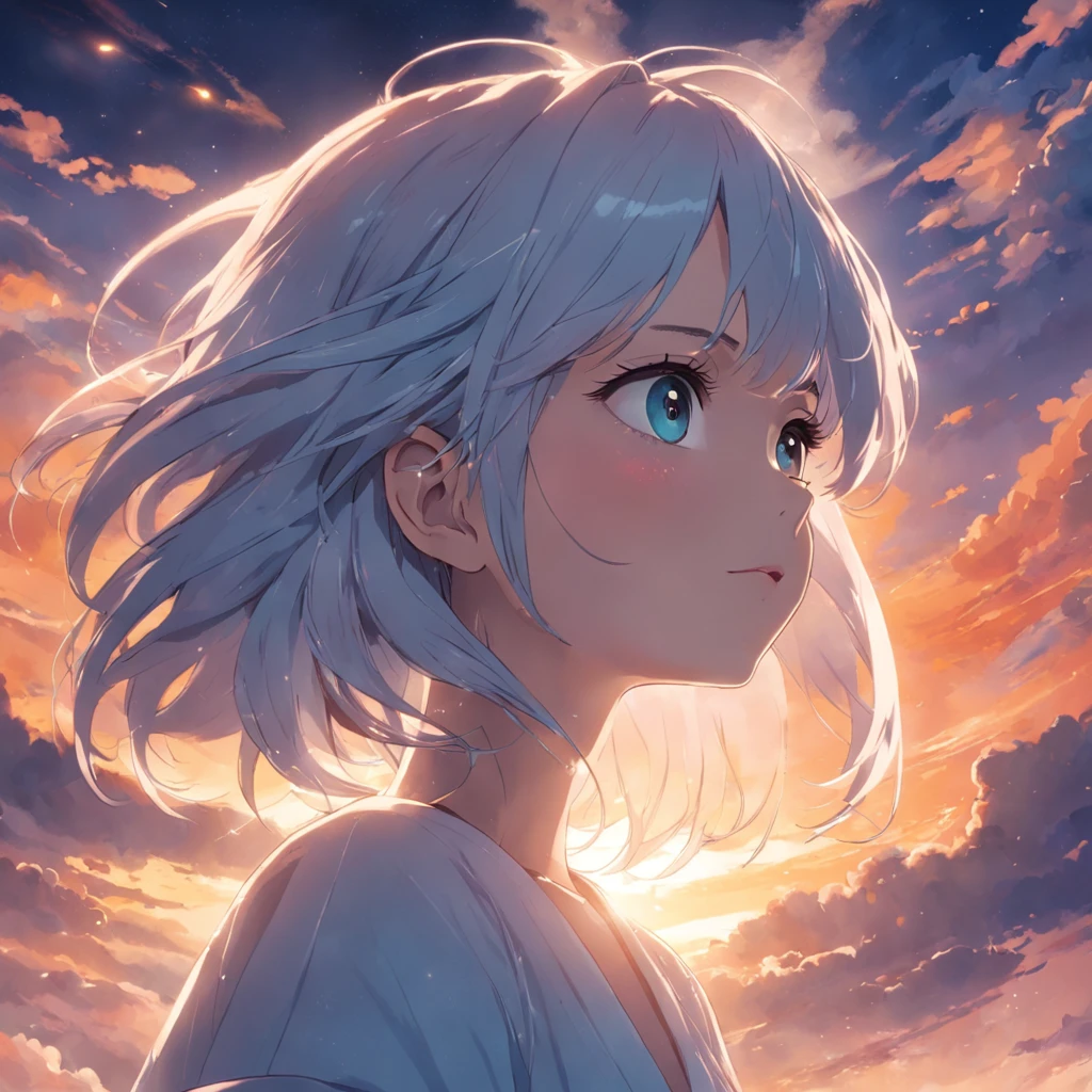 tmasterpiece,best qualtiy,cinematic Film still from,1girl,Cloud Girl,whaite hair,Floating in the sky,closeup cleavage,brightly,cheerfulness,Warm and soft lighting,the sunset,(spark of light:0.7)