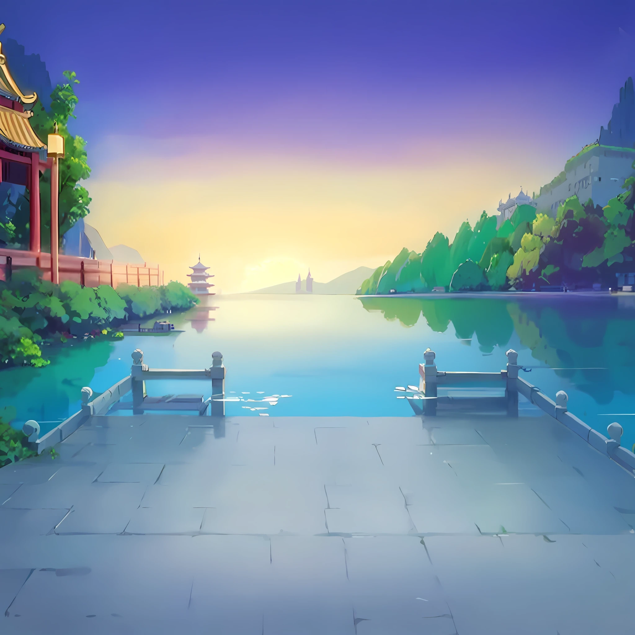 cartoon illustration of a beautiful scenery of a lake and a pagoda, Lake background, beautiful lake background, background artwork, arte de fundo, Mobile game background, palace background, royal garden background, temple background, calm afternoon, detailed lake in background, anime backgrounds, game background, Anime background art, sunny day background, Park background, island background，The Forbidden City of China, rpg