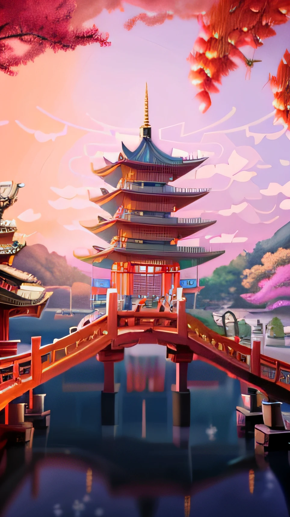 Scenery of the pagoda and the bridge in the lake in the anime, background artwork, Rosla global lighting, Onmyoji detailed art, digital painting of a pagoda, arte de fundo, colorful anime movie background, Stylized concept art, dreamy Chinese towns, G Liulian art style, Anime background art, inspired by Gong Xian, Chinese fantasy, 8K high quality detailed art