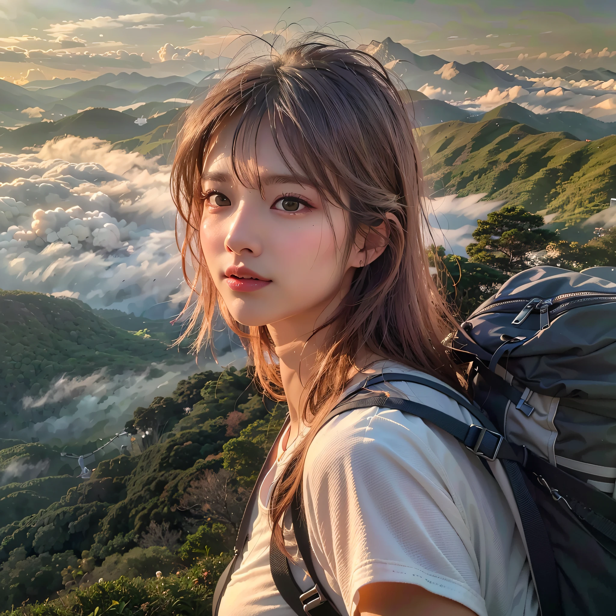 (Best Quality, hyper realistic photography), Magnificent mountain, sea of clouds, A woman watching the sunset, selfee, white t-shirts, Trekking shorts, trekking boots, rucksack,  (ultra delicate face, ultra Beautiful fece, ultra delicate eyes, ultra detailed nose, ultra detailed mouth, ultra detailed facial features), profile