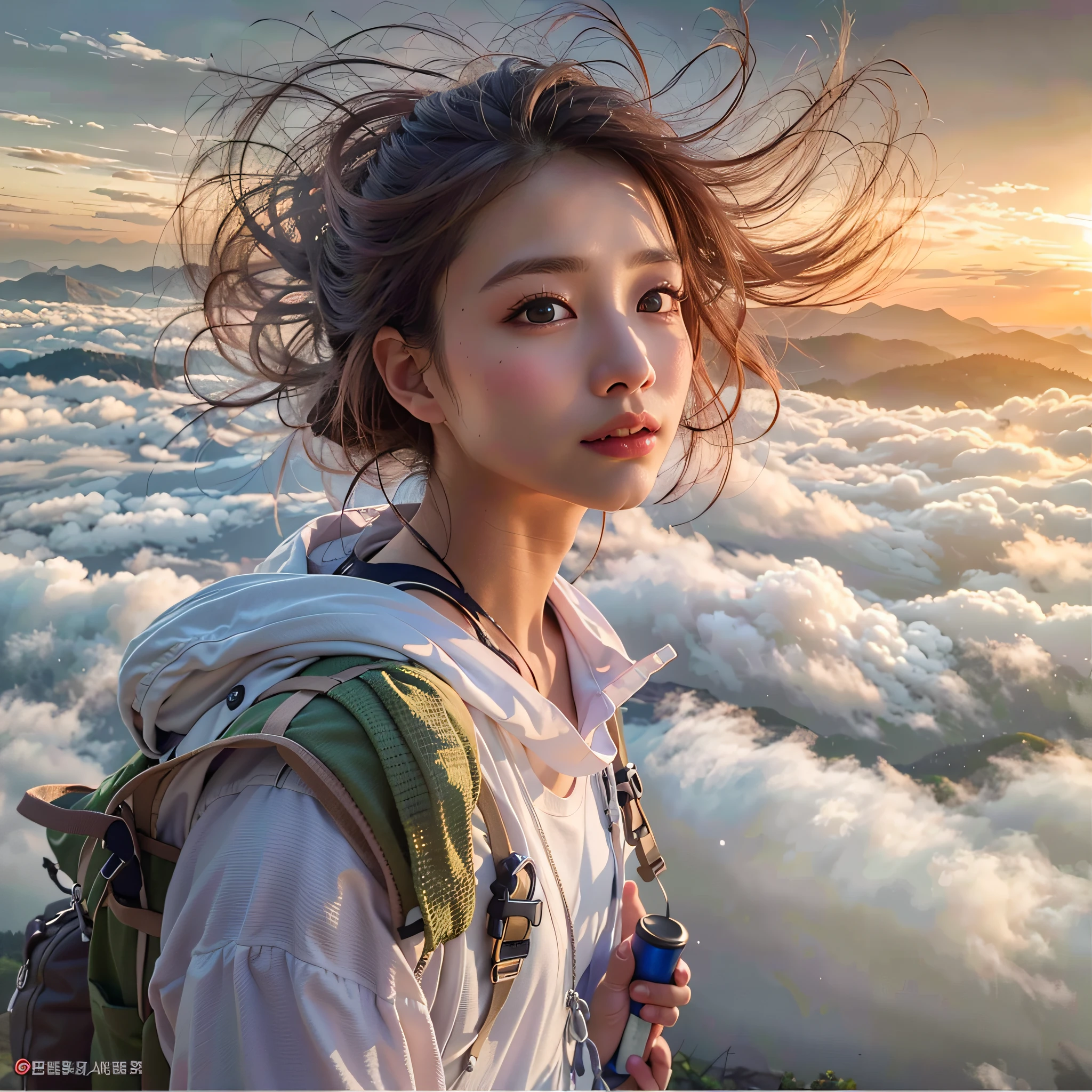 (Best Quality, hyper realistic photography), Magnificent mountain, sea of clouds, A woman watching the sunset, selfee, white t-shirts, Trekking shorts, trekking boots, rucksack,  (ultra delicate face, ultra Beautiful fece, ultra delicate eyes, ultra detailed nose, ultra detailed mouth, ultra detailed facial features), profile