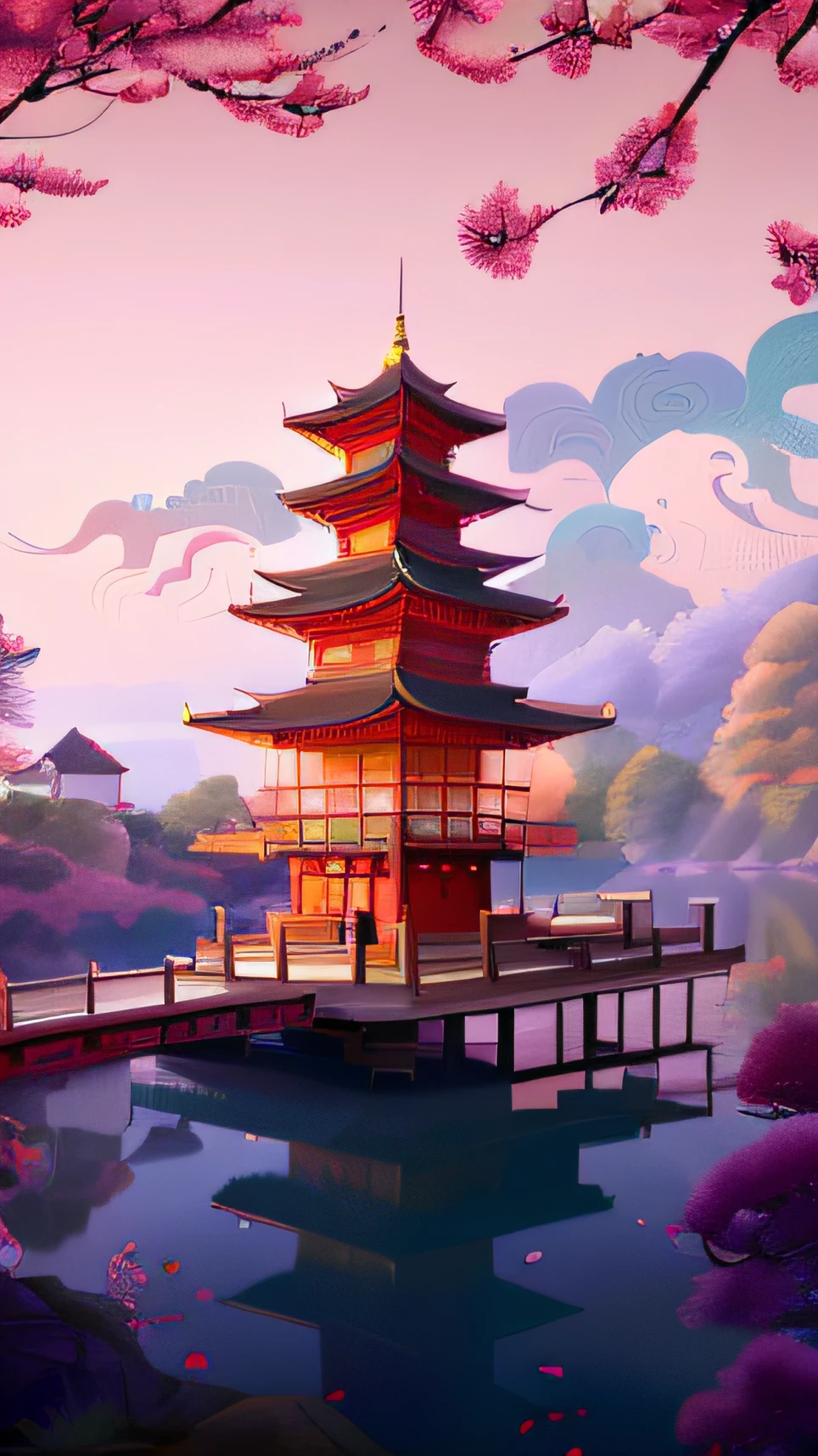 Scenery of the pagoda and the bridge in the lake in the anime, background artwork, Rosla global lighting, Onmyoji detailed art, digital painting of a pagoda, arte de fundo, colorful anime movie background, Stylized concept art, dreamy Chinese towns, G Liulian art style, Anime background art, inspired by Gong Xian, Chinese fantasy, 8K high quality detailed art