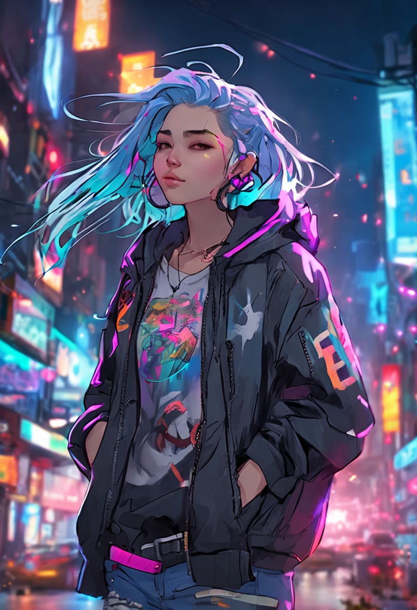 (Masterpiece), Best quality, 超高分辨率,, cyberpunk 1girl flying above stunning cityscape ,The lights on the clothes came on,There is a tattoo on the neck,Hoodie,Blue hair, neon color shooting stars, Very long hair, cropped shoulders, feathers hair ornament, Neon colors, Twinkle, stunning night sky, Cinematic lighting, Photorealistic, Realistic skin, hdr,fish eye